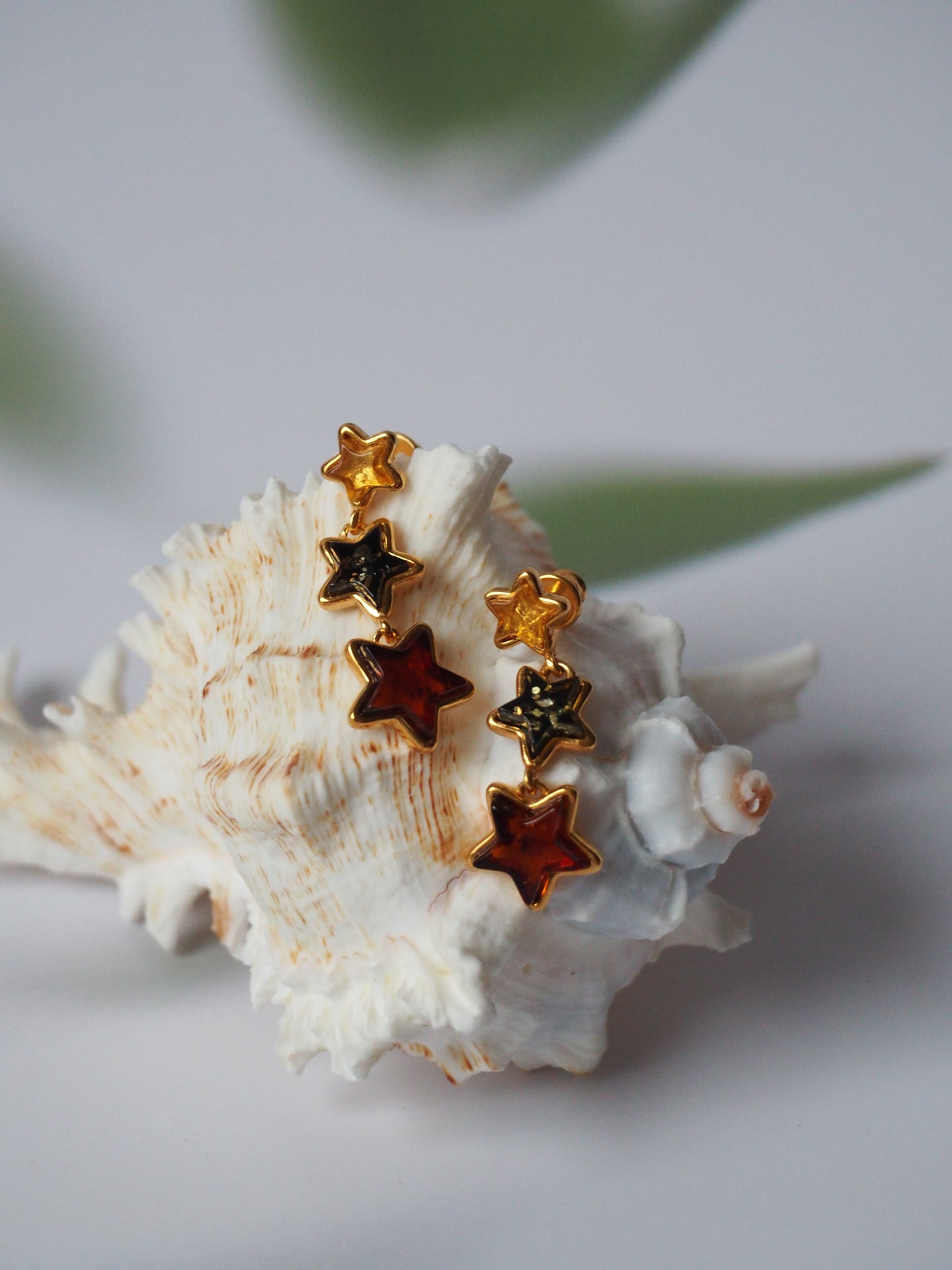 Star Shape Dangling Stud Earrings -Multicolor Amber Gold Plated