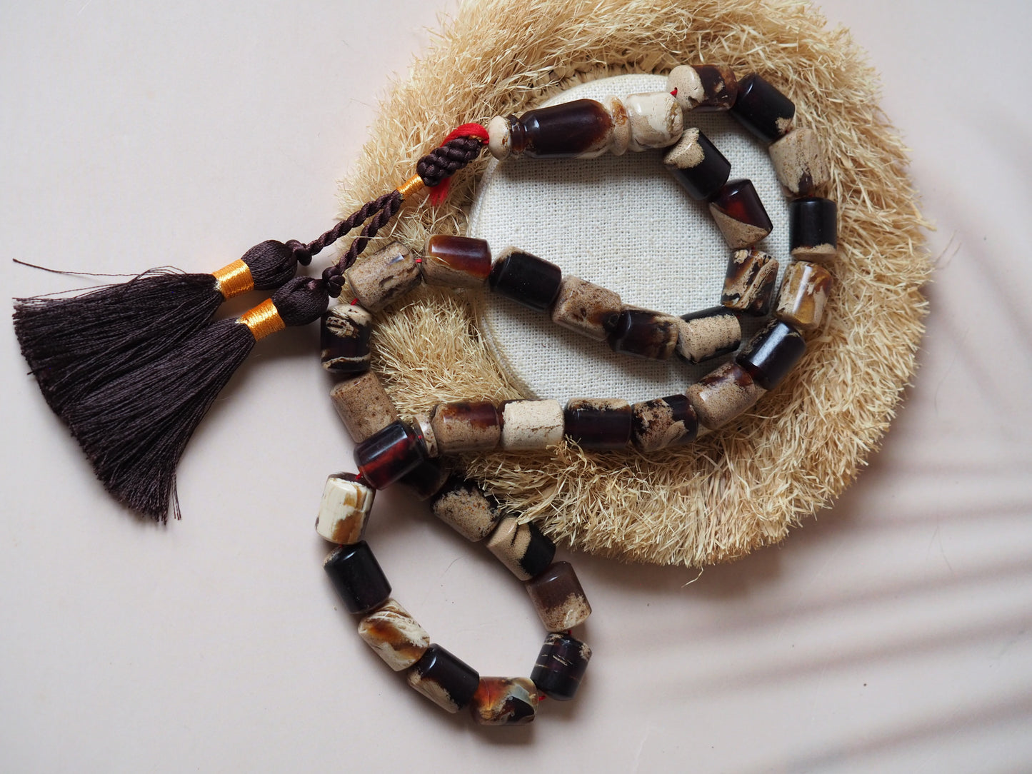 Indonesian Zebra/ Blue Amber Natural Barrel Shape Rosary 96g