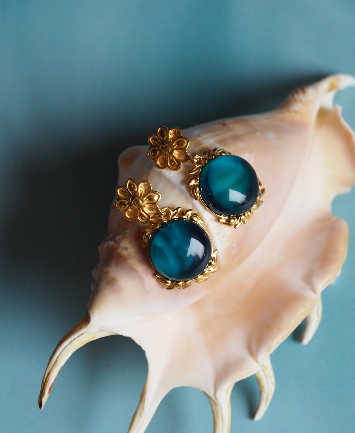 Light Blue/ Turquoise Big Amber Earrings Embroidered Gold Pleated