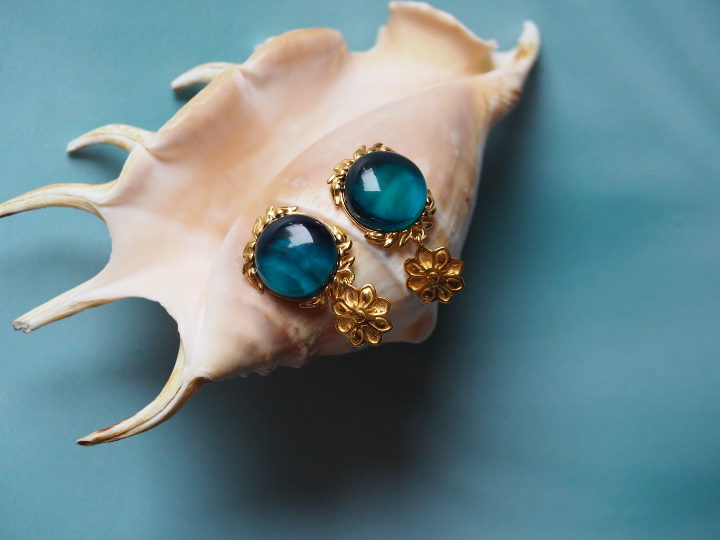 Light Blue/ Turquoise Big Amber Earrings Embroidered Gold Pleated
