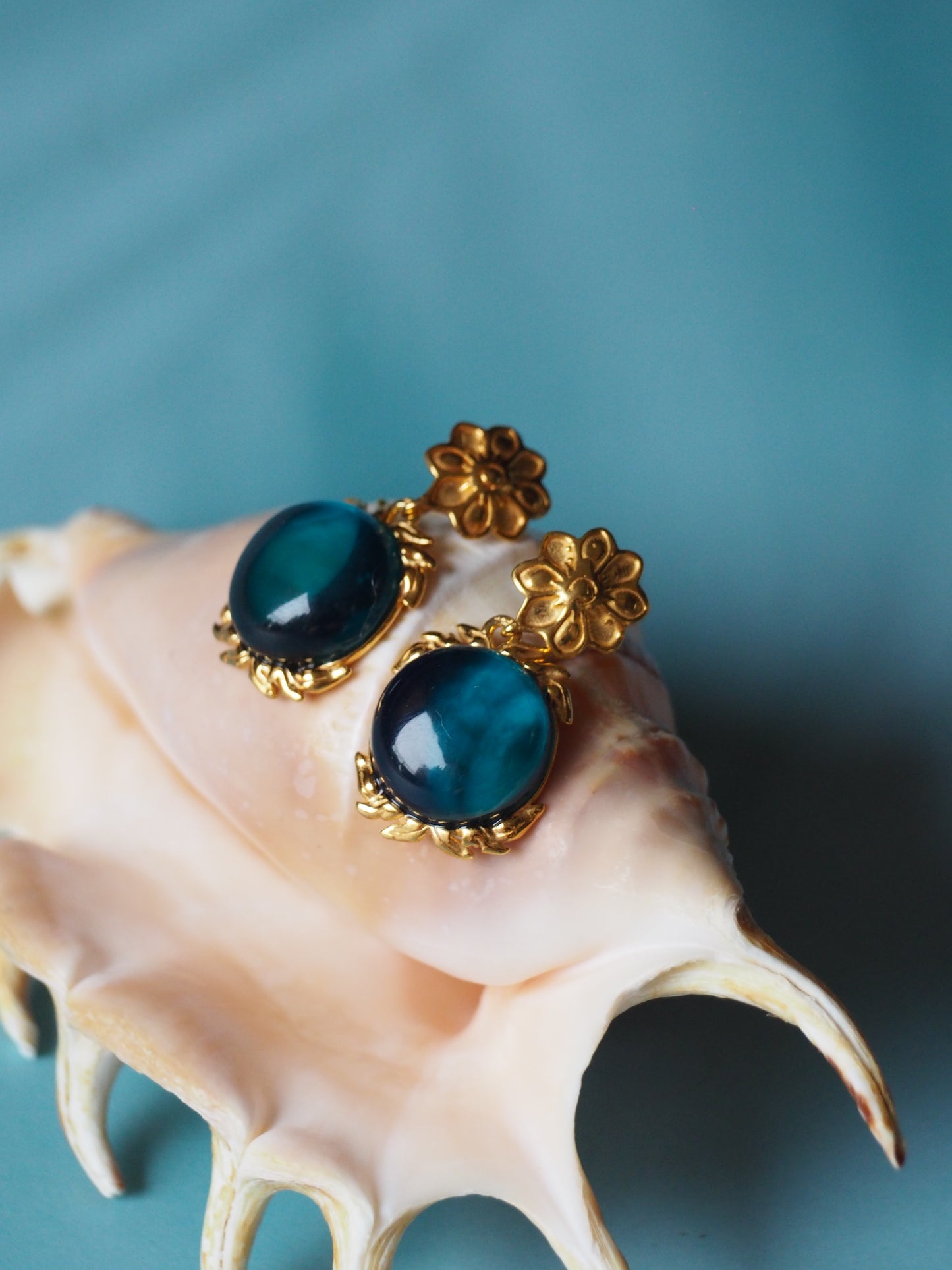 Light Blue/ Turquoise Big Amber Earrings Embroidered Gold Pleated