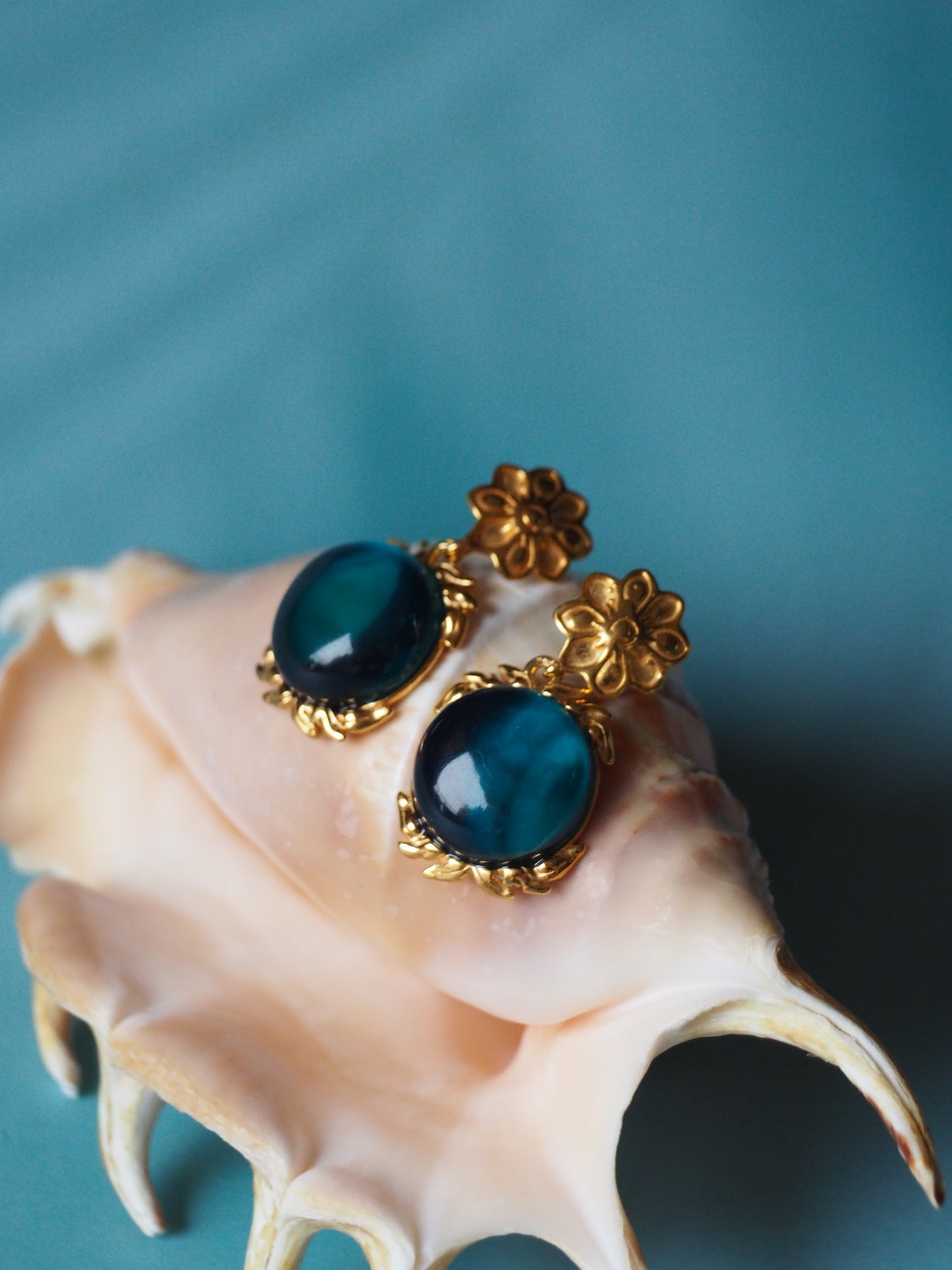 Light Blue/ Turquoise Big Amber Earrings Embroidered Gold Pleated