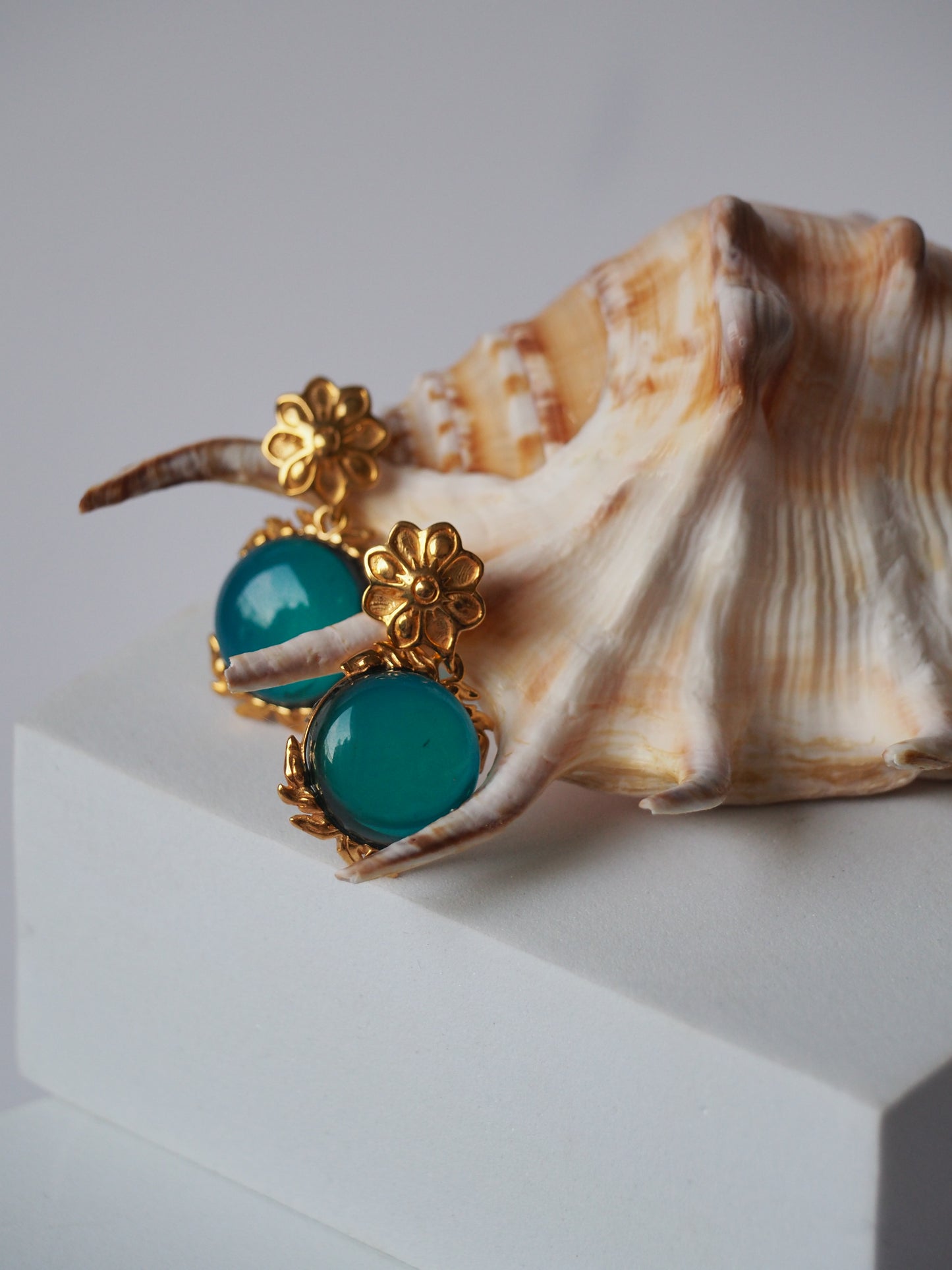 Light Blue/ Turquoise Big Amber Earrings Embroidered Gold Pleated