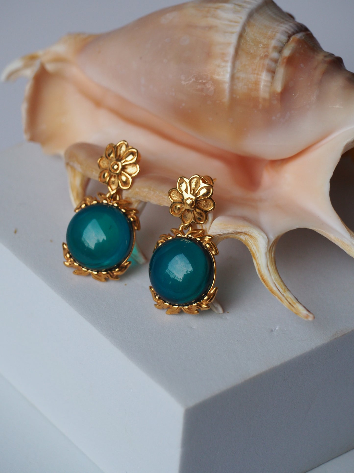 Light Blue/ Turquoise Big Amber Earrings Embroidered Gold Pleated