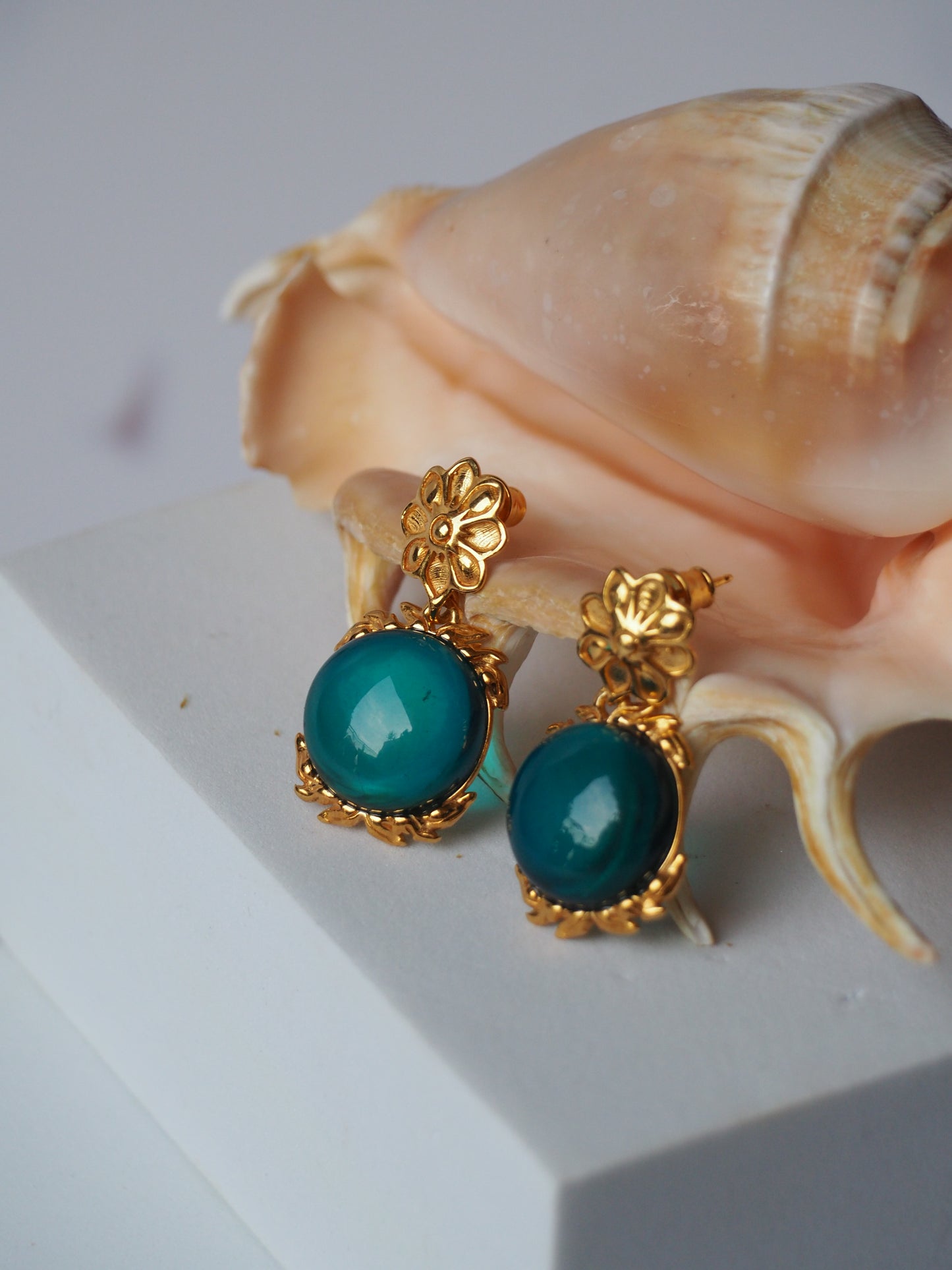 Light Blue/ Turquoise Big Amber Earrings Embroidered Gold Pleated