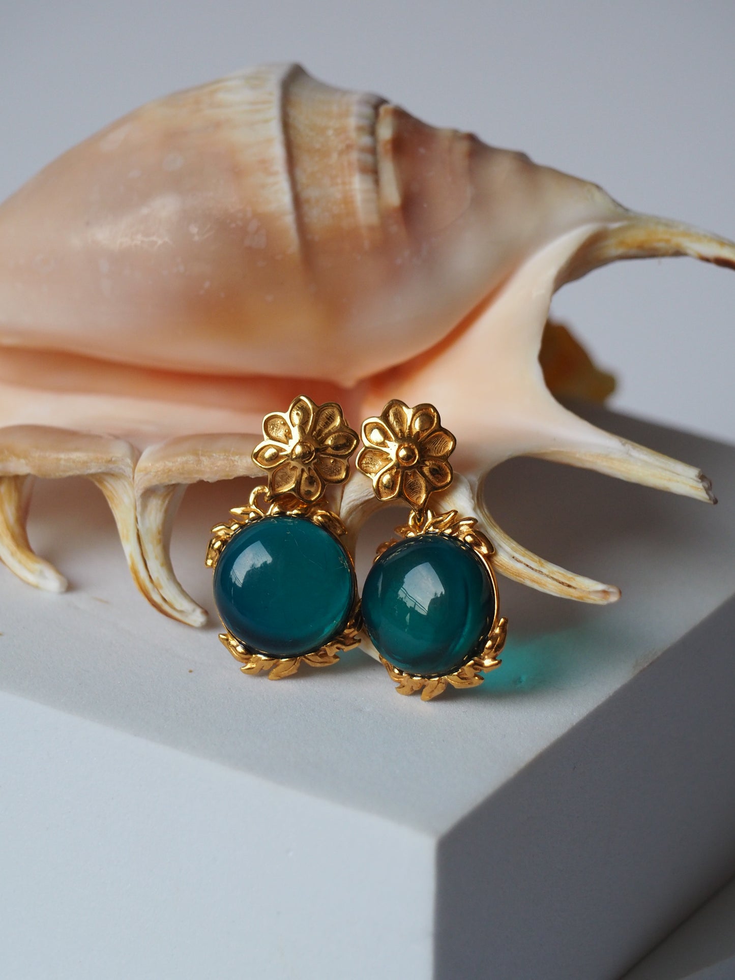 Light Blue/ Turquoise Big Amber Earrings Embroidered Gold Pleated