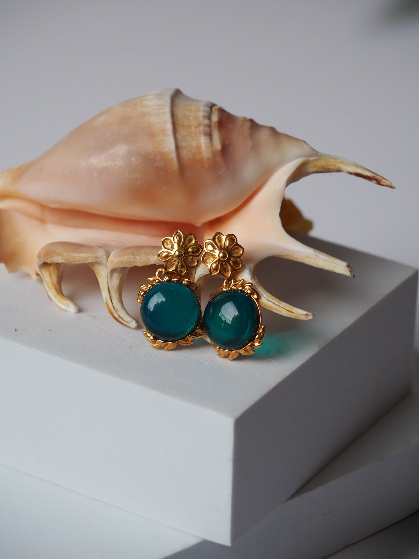 Light Blue/ Turquoise Big Amber Earrings Embroidered Gold Pleated