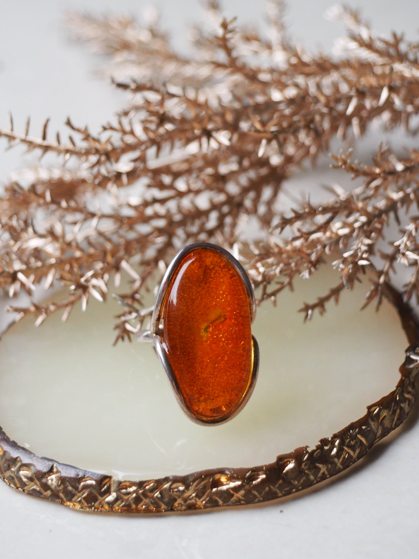 Unique Big Natural Cognac Amber Ring with Tree Bark