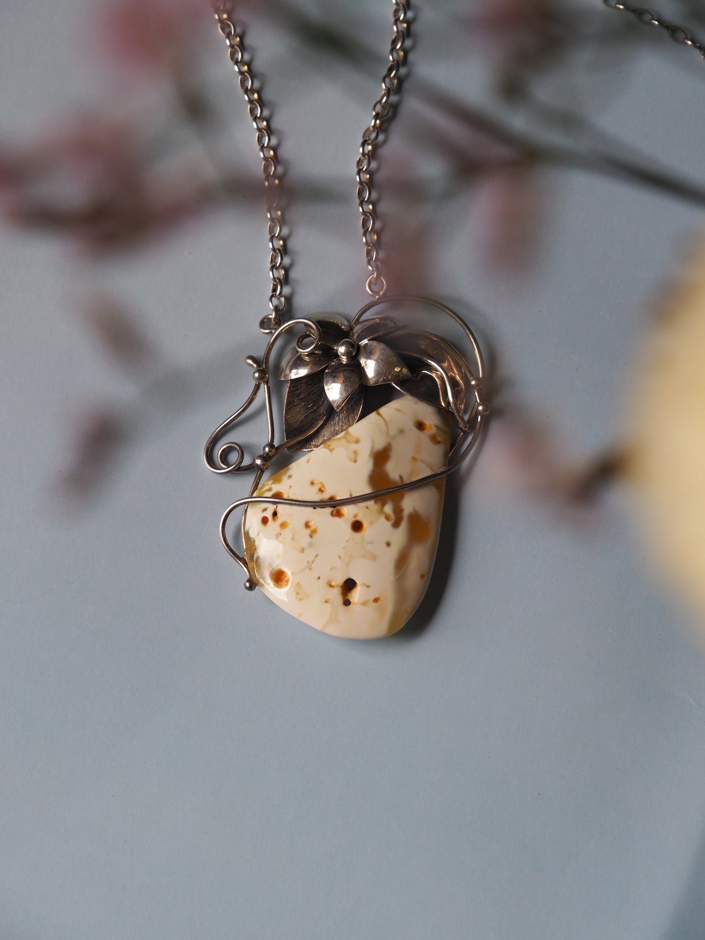 Large Royal White Triangle Raw Amber Pendant with Silver Frame, Chain and Flower