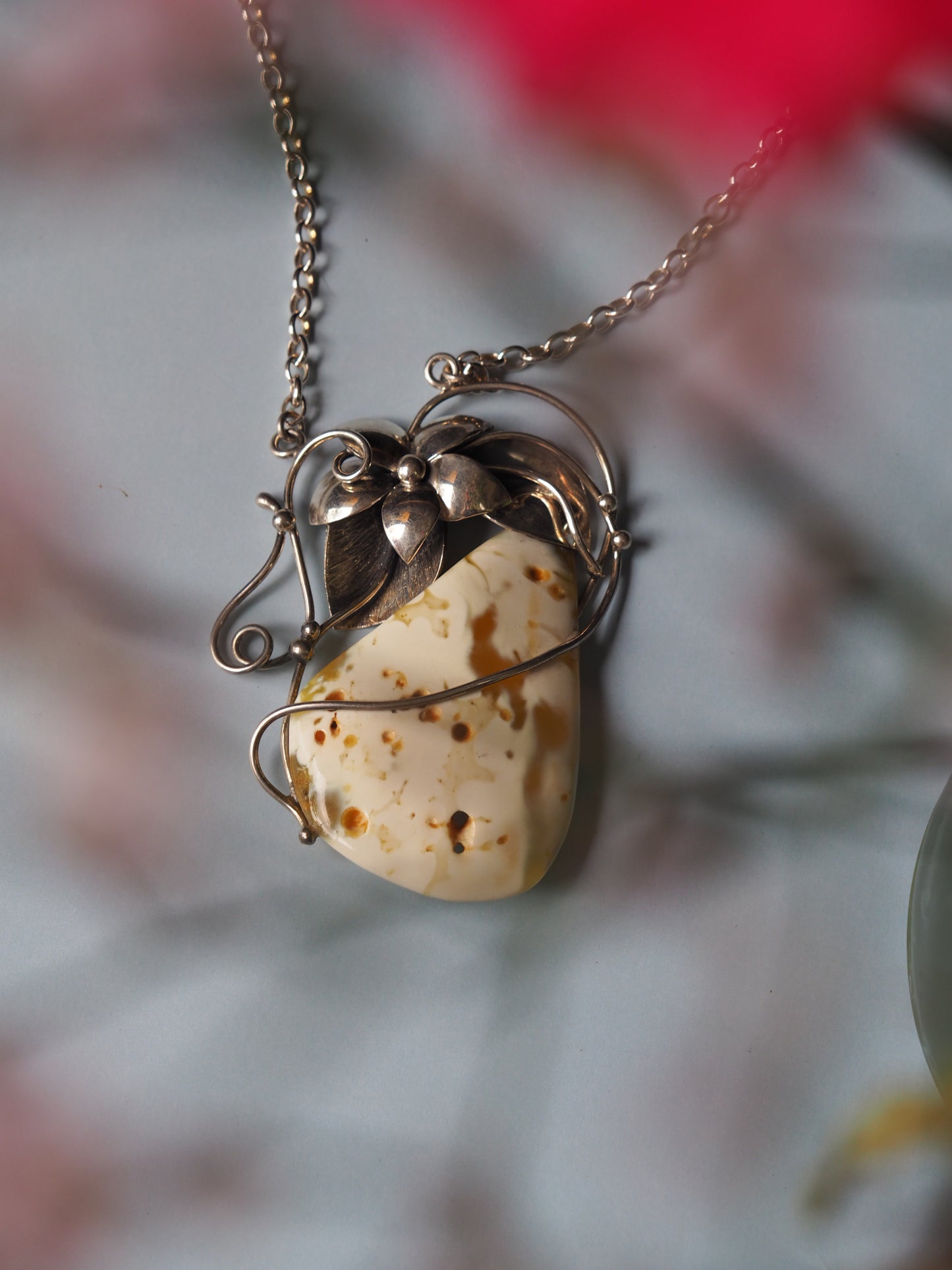 Large Royal White Triangle Raw Amber Pendant with Silver Frame, Chain and Flower