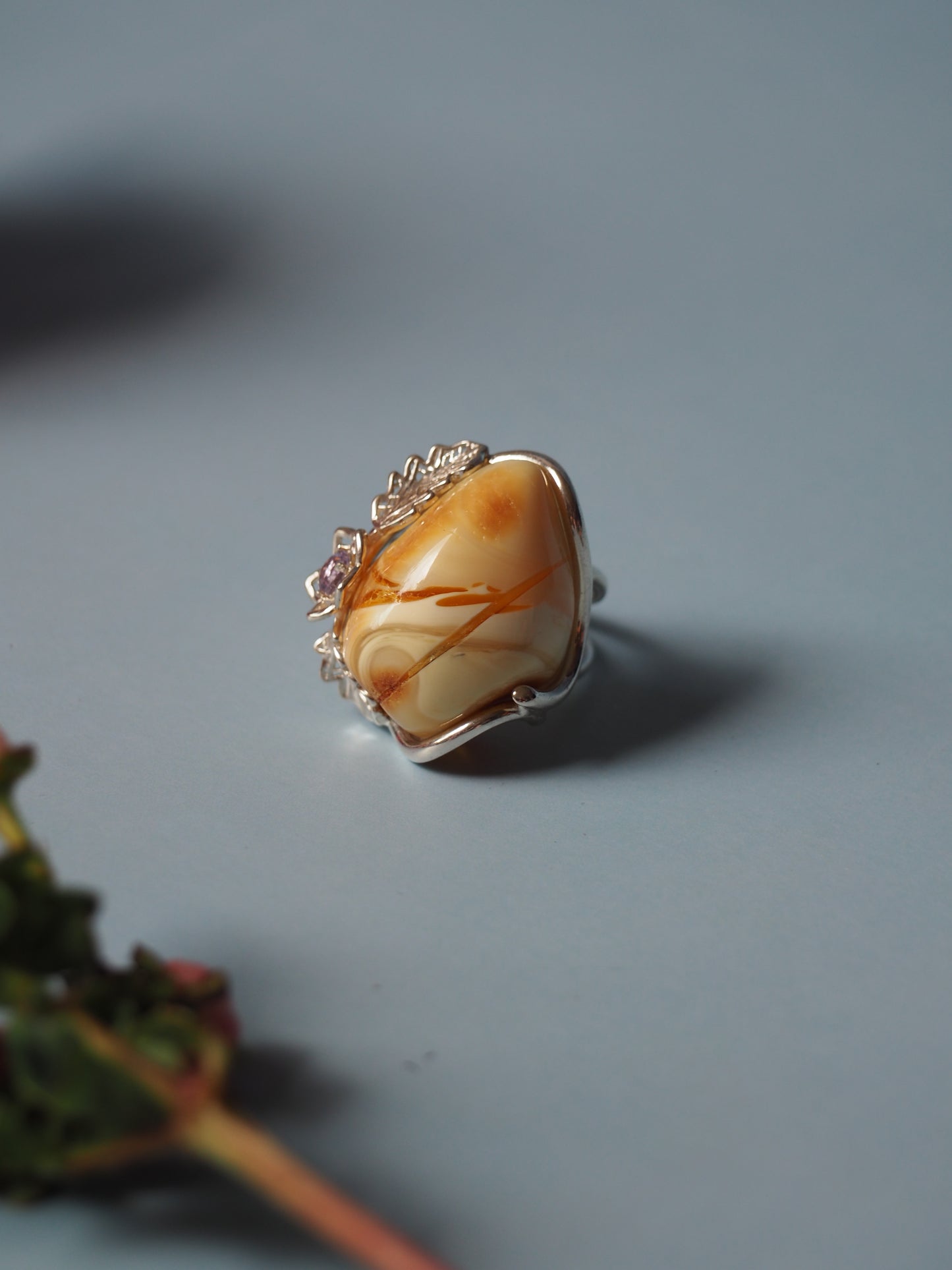 Irregular Royal White Amber Ring With Silver Frame And Amethyst