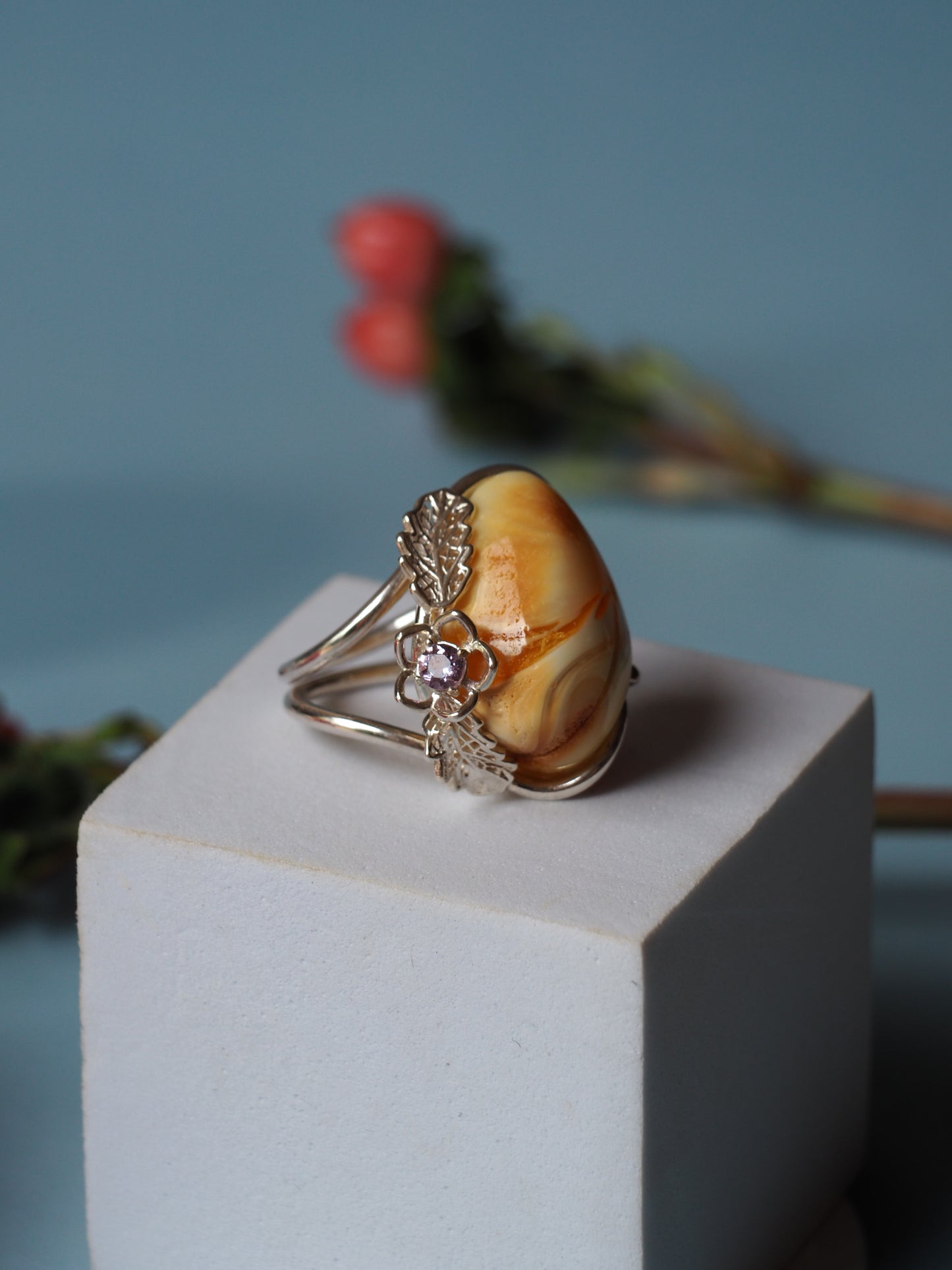 Irregular Royal White Amber Ring With Silver Frame And Amethyst