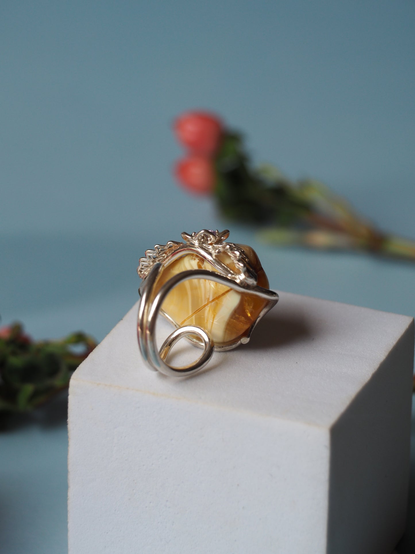 Irregular Royal White Amber Ring With Silver Frame And Amethyst