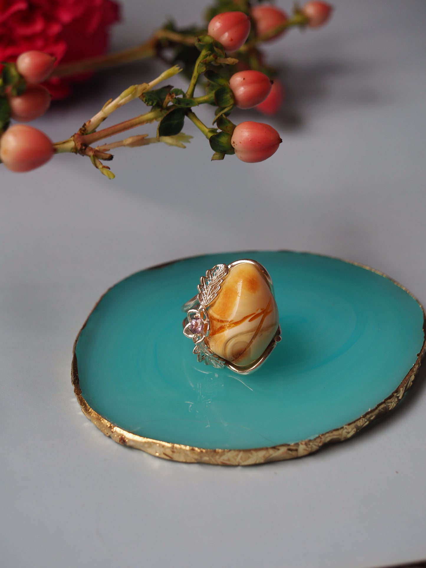Irregular Royal White Amber Ring With Silver Frame And Amethyst