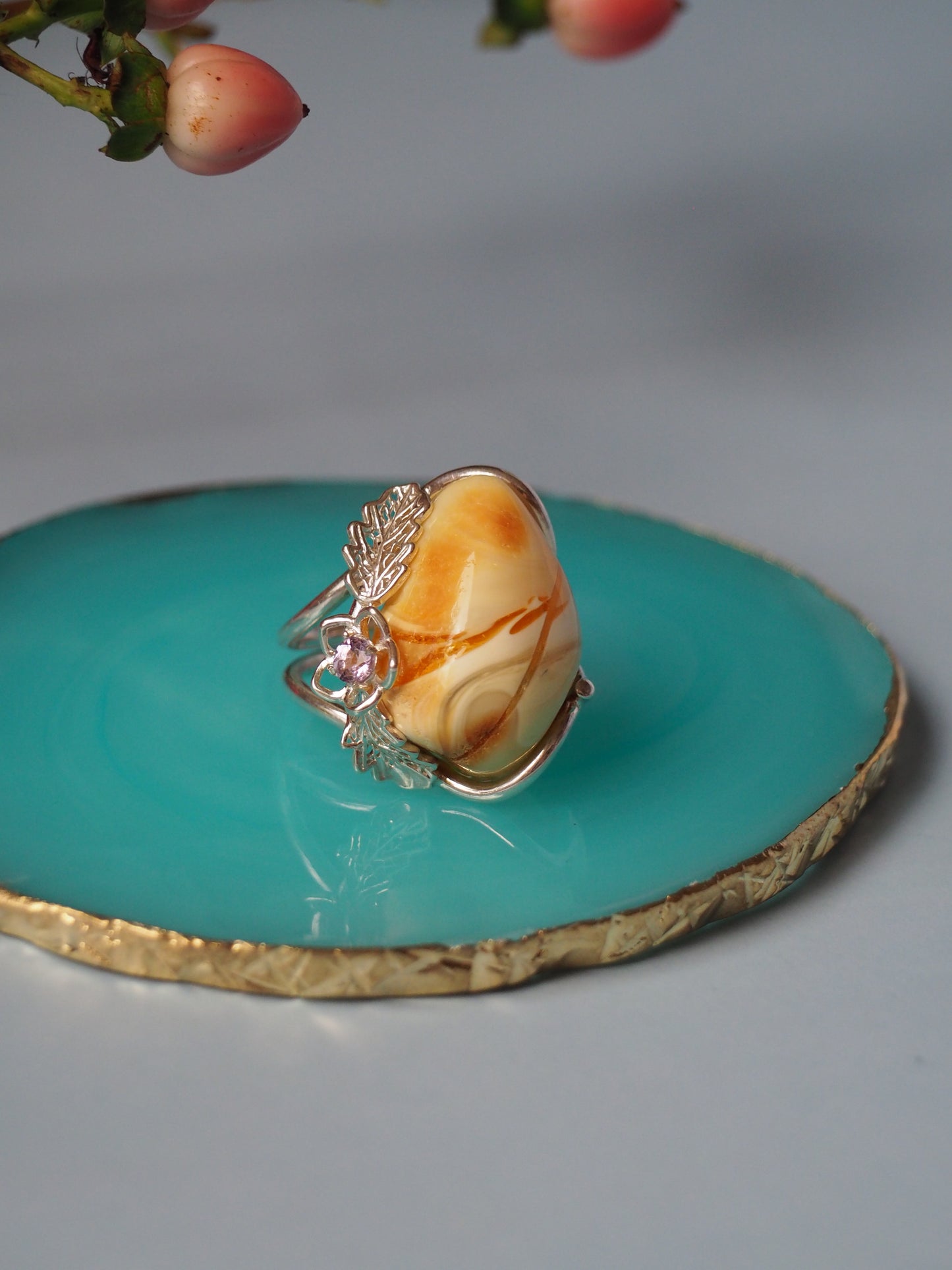 Irregular Royal White Amber Ring With Silver Frame And Amethyst