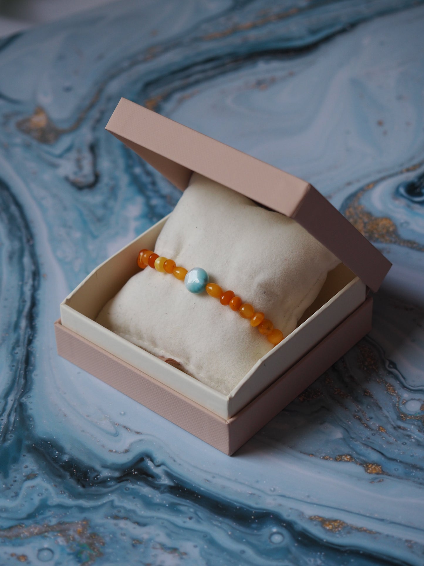 Natural Old German Amber + Larimar Irregular Small Bracelet 6mm/ Early 70s