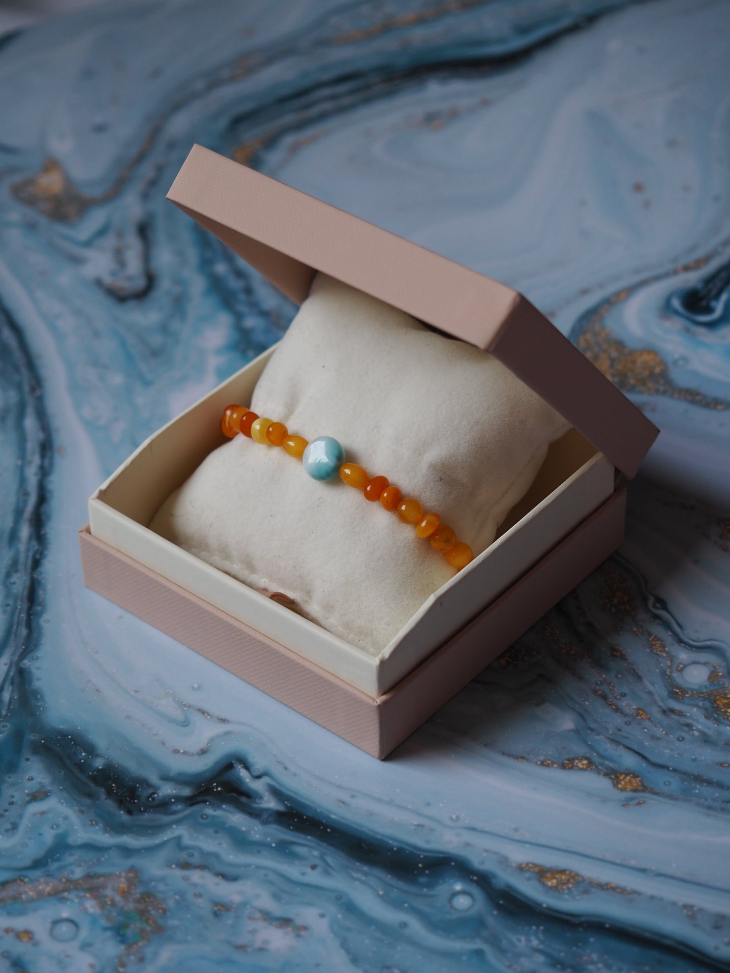 Natural Old German Amber + Larimar Irregular Small Bracelet 6mm/ Early 70s
