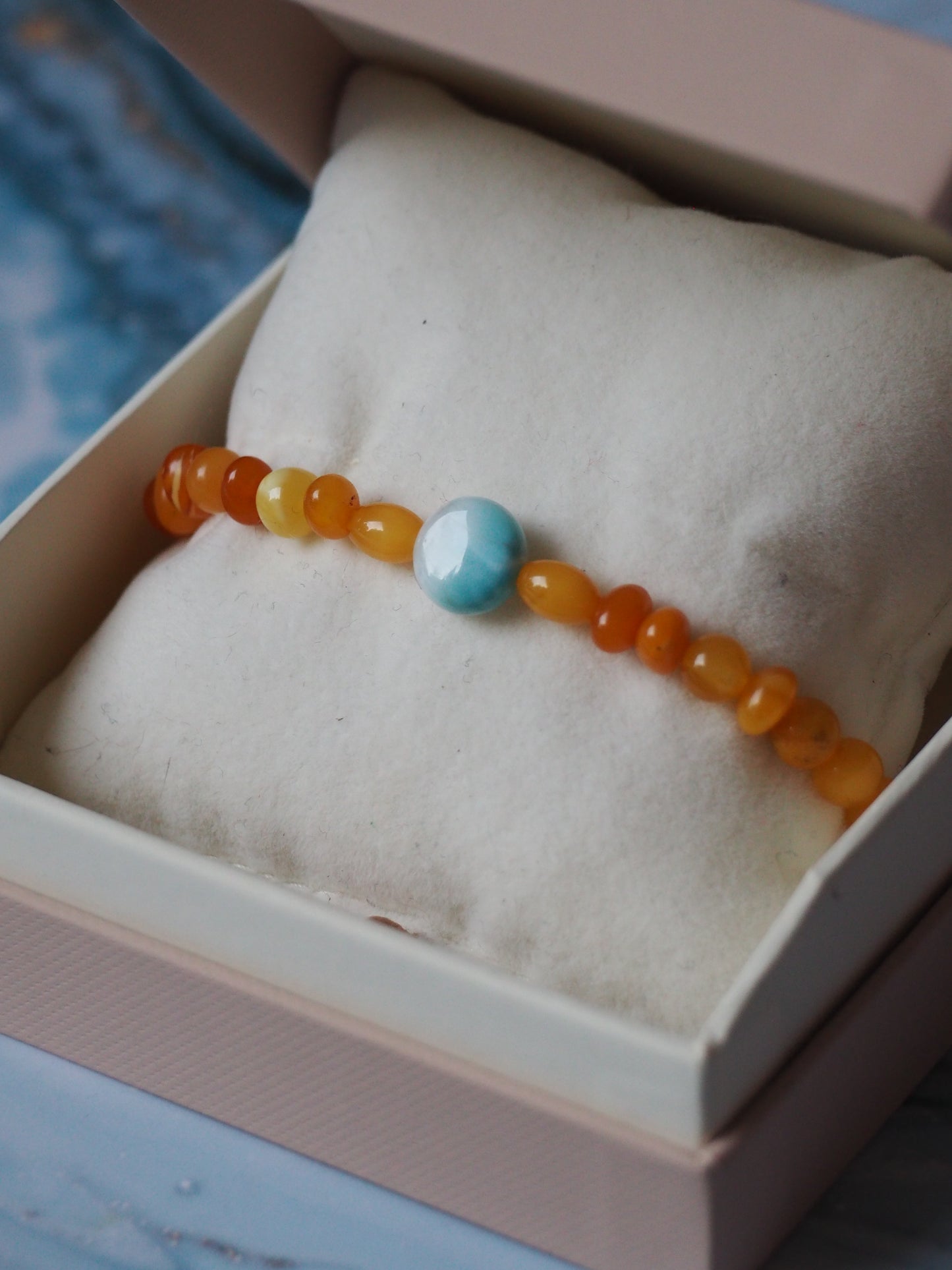 Natural Old German Amber + Larimar Irregular Small Bracelet 6mm/ Early 70s