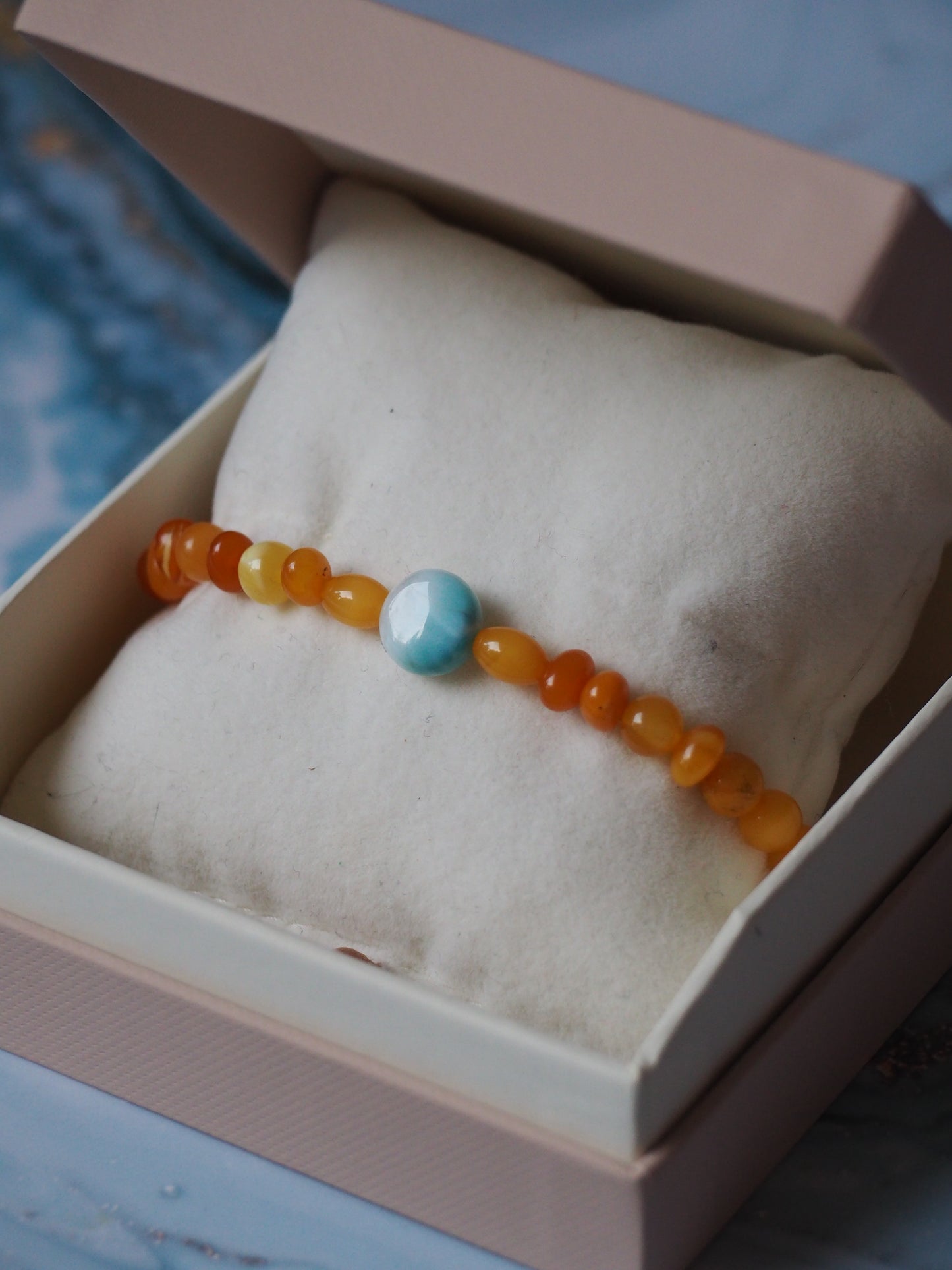 Natural Old German Amber + Larimar Irregular Small Bracelet 6mm/ Early 70s