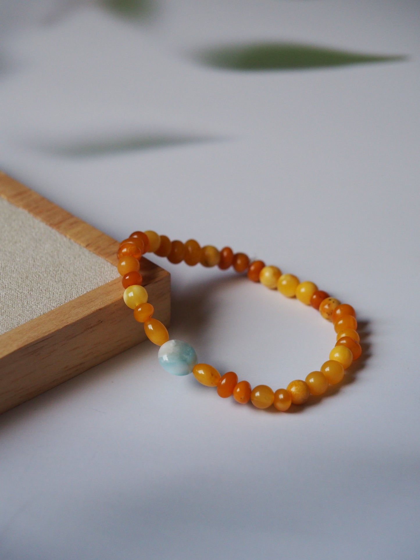 Natural Old German Amber + Larimar Irregular Small Bracelet 6mm/ Early 70s