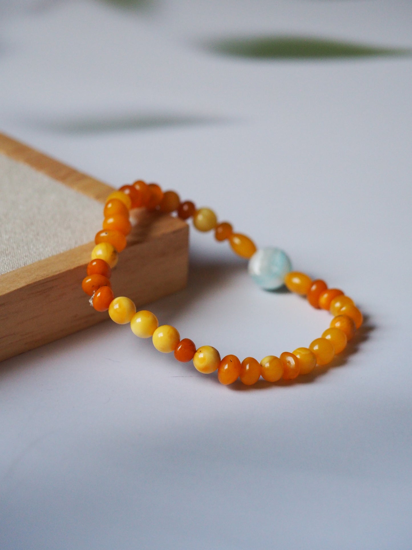 Natural Old German Amber + Larimar Irregular Small Bracelet 6mm/ Early 70s