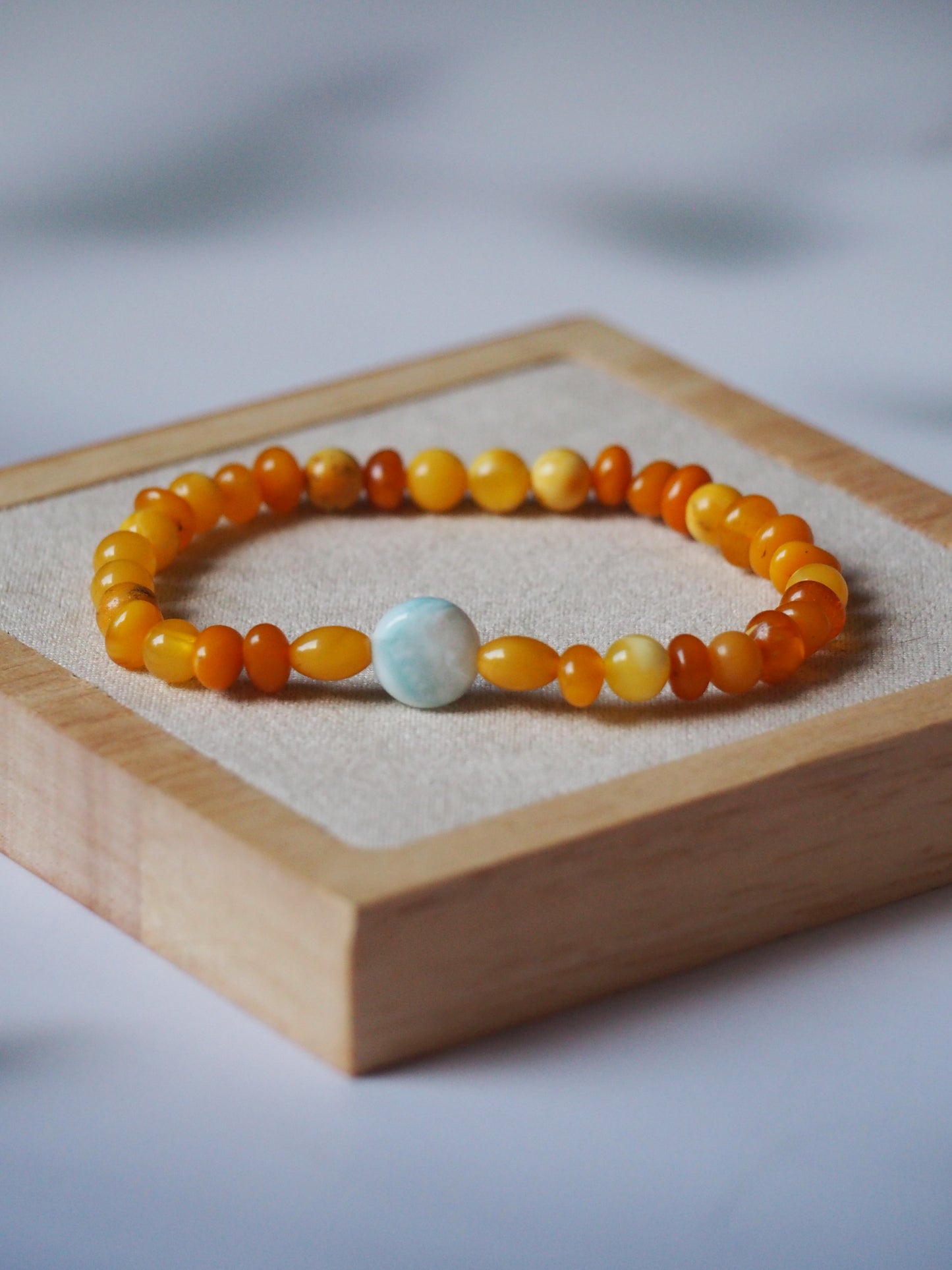 Natural Old German Amber + Larimar Irregular Small Bracelet 6mm/ Early 70s