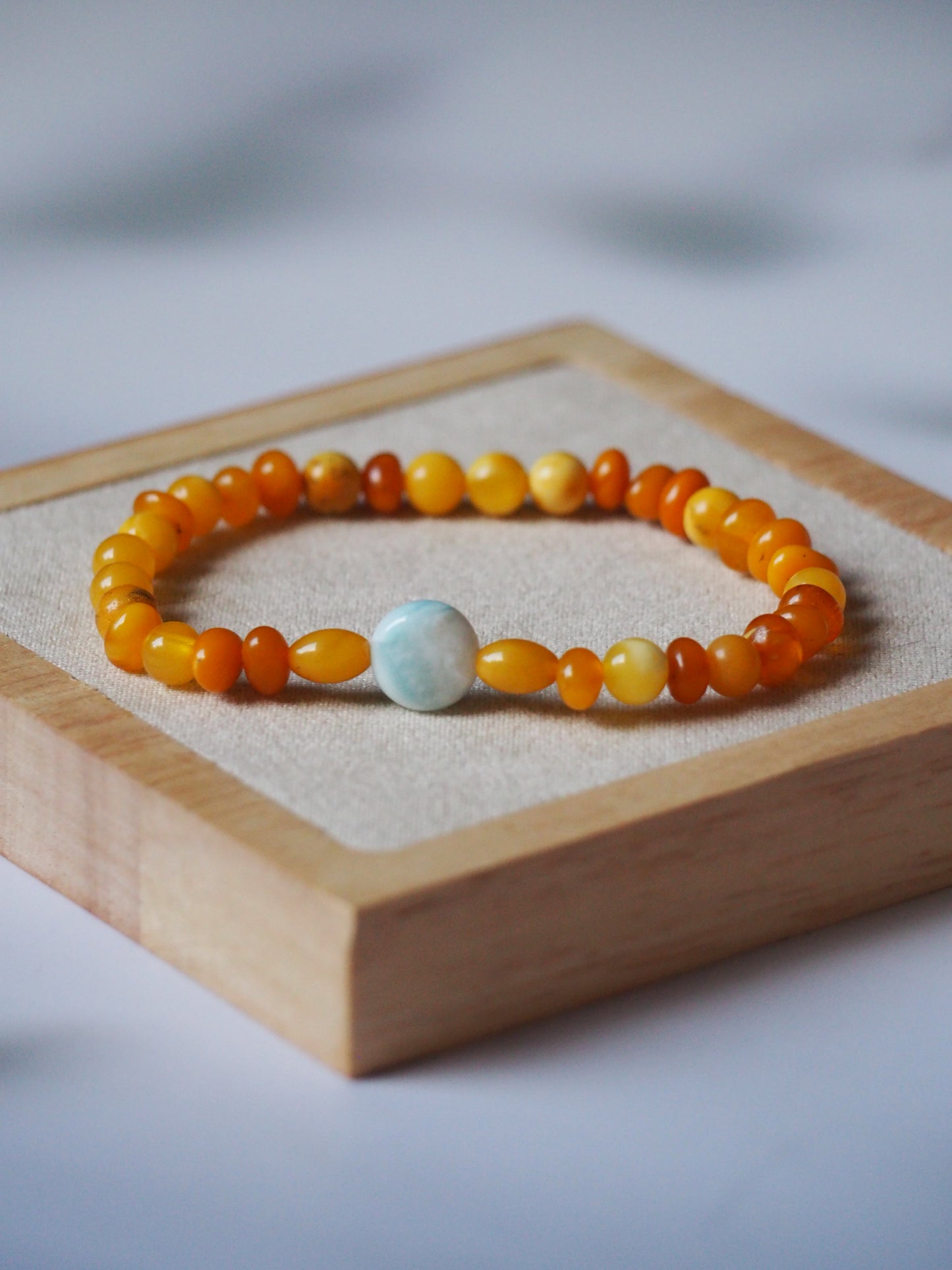 Natural Old German Amber + Larimar Irregular Small Bracelet 6mm/ Early 70s