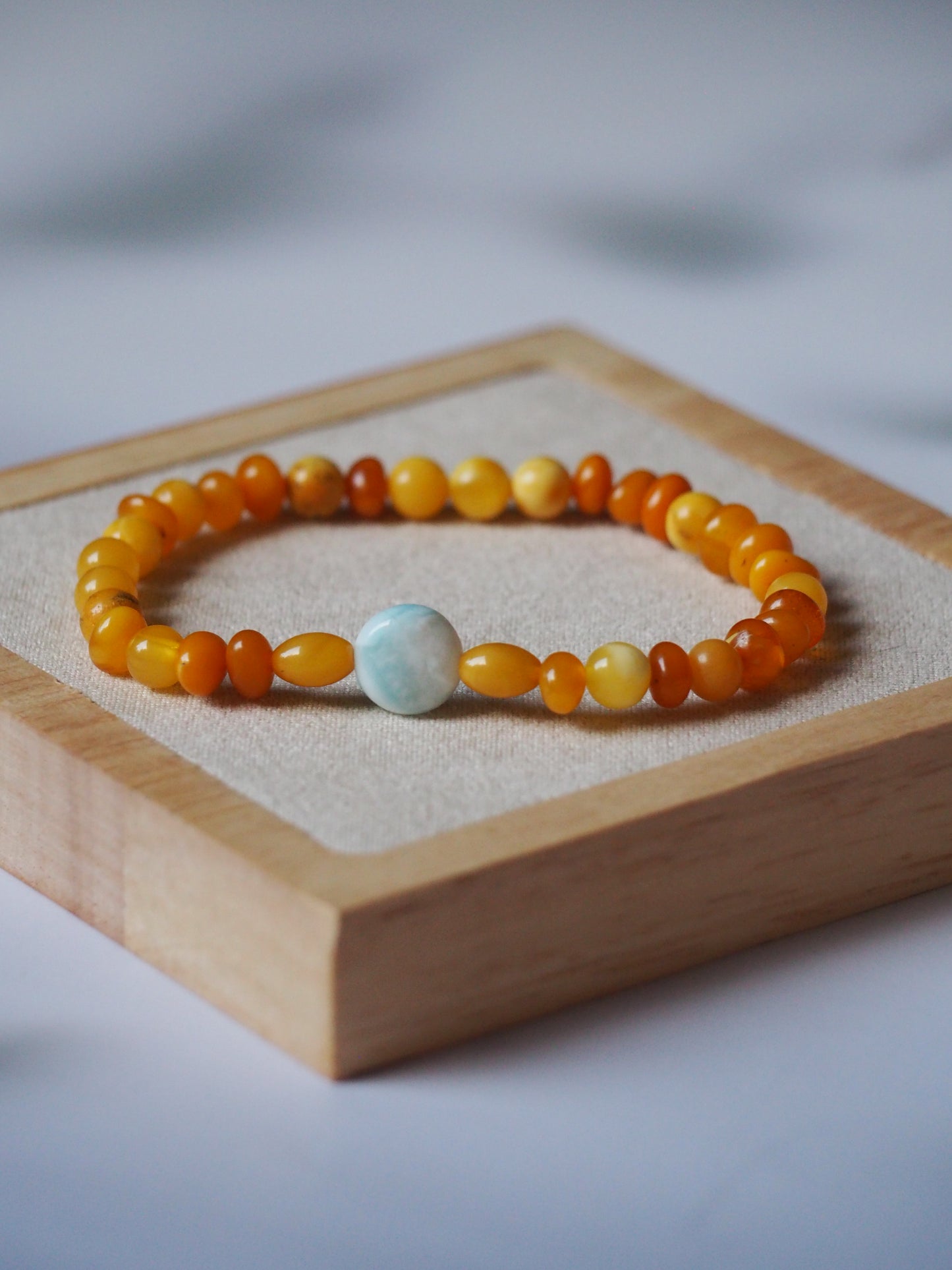 Natural Old German Amber + Larimar Irregular Small Bracelet 6mm/ Early 70s