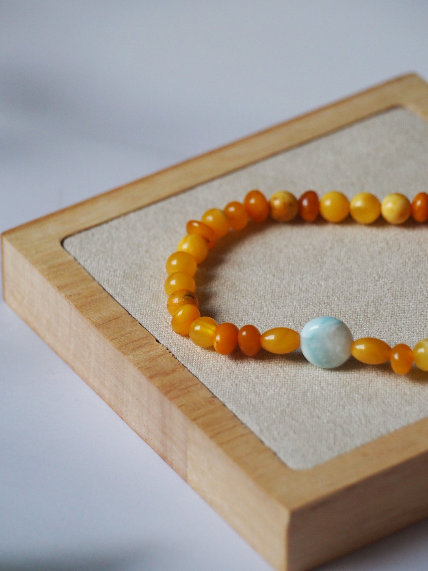 Natural Old German Amber + Larimar Irregular Small Bracelet 6mm/ Early 70s