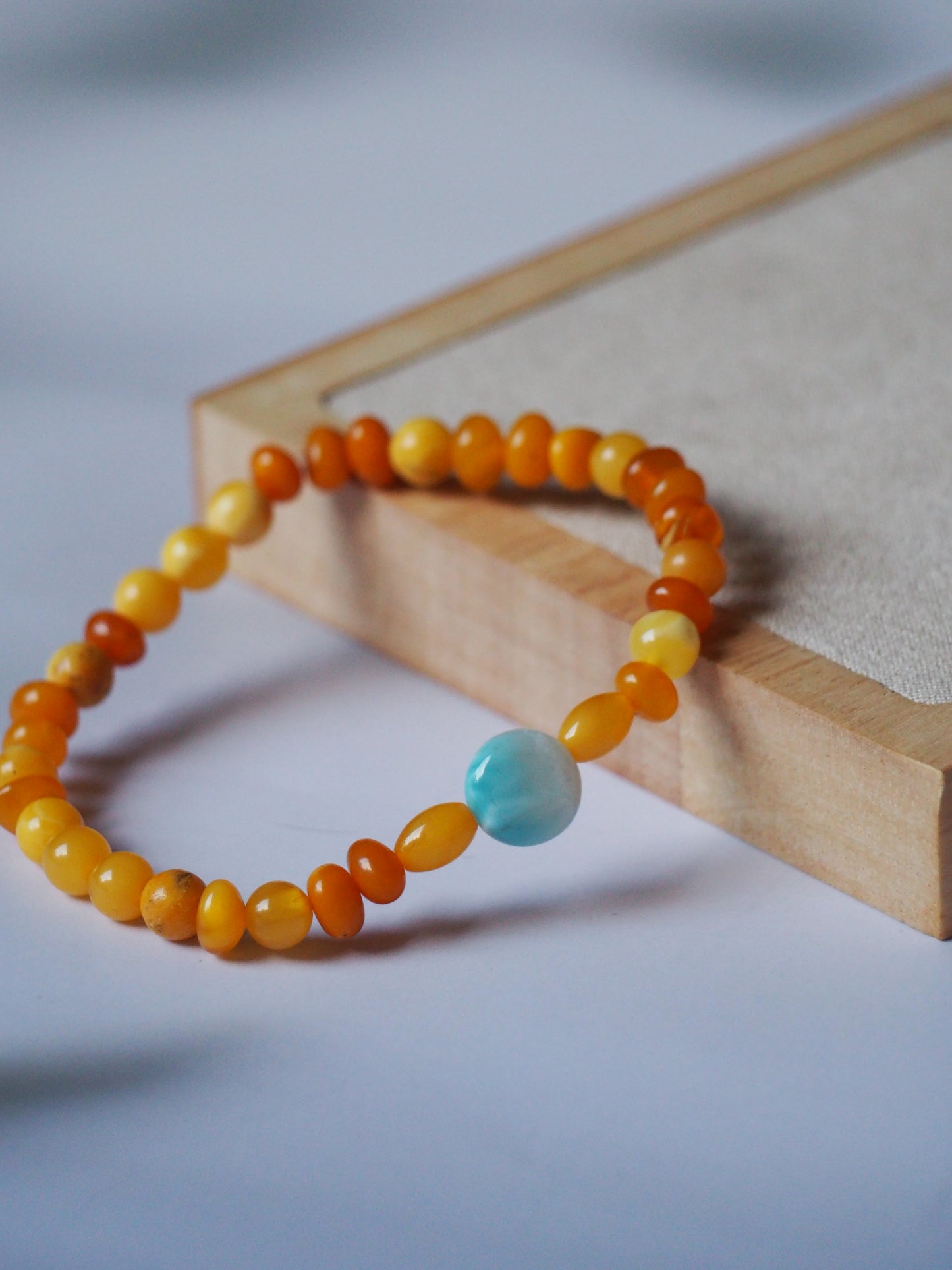 Natural Old German Amber + Larimar Irregular Small Bracelet 6mm/ Early 70s
