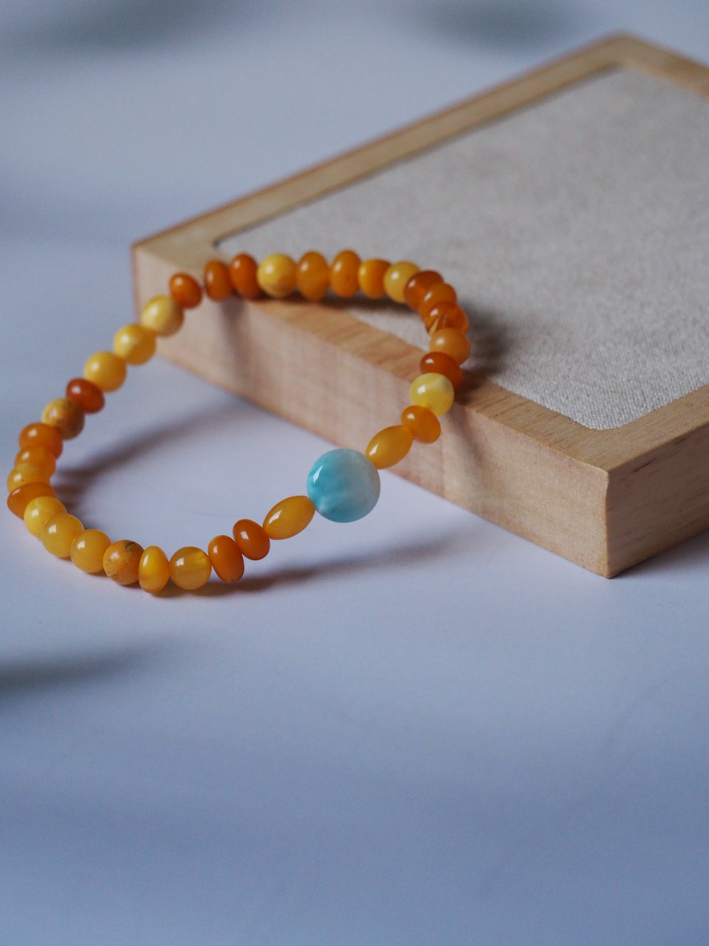Natural Old German Amber + Larimar Irregular Small Bracelet 6mm/ Early 70s