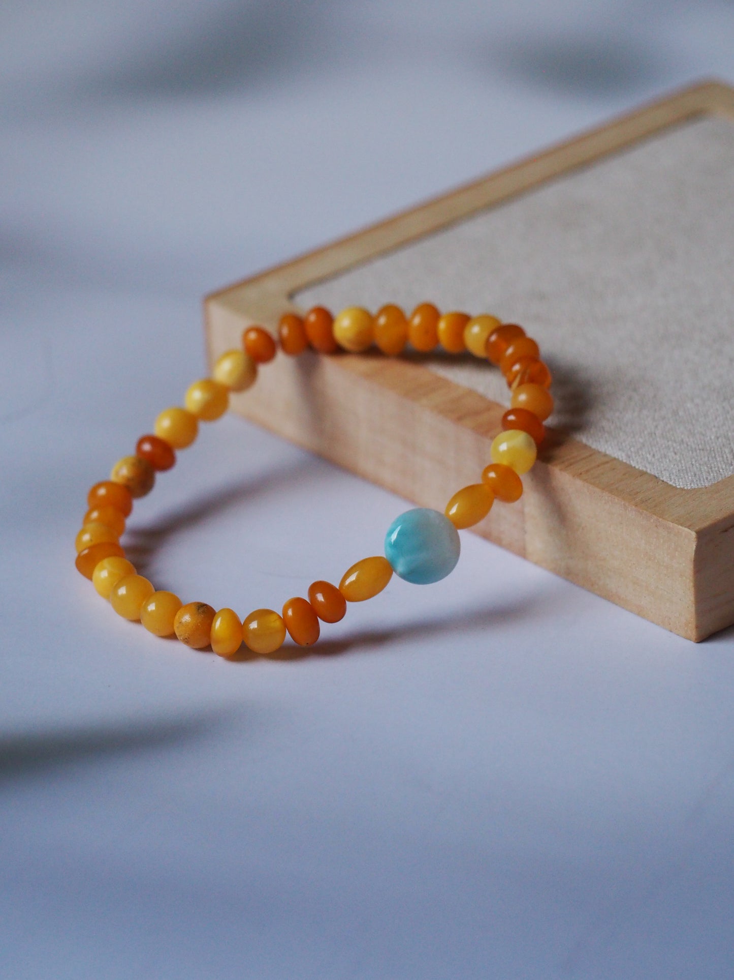 Natural Old German Amber + Larimar Irregular Small Bracelet 6mm/ Early 70s
