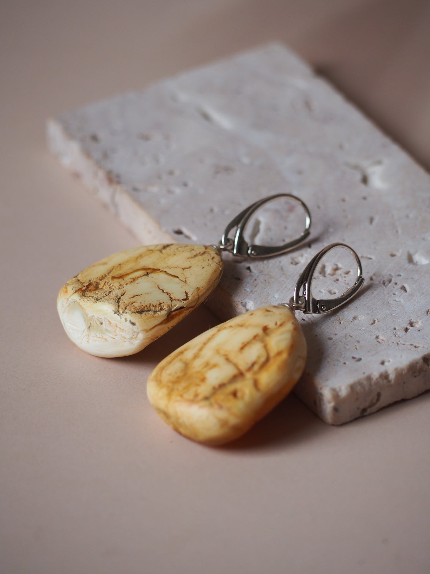 White Raw Amber/ Honey Amber Drop Bulky Earrings