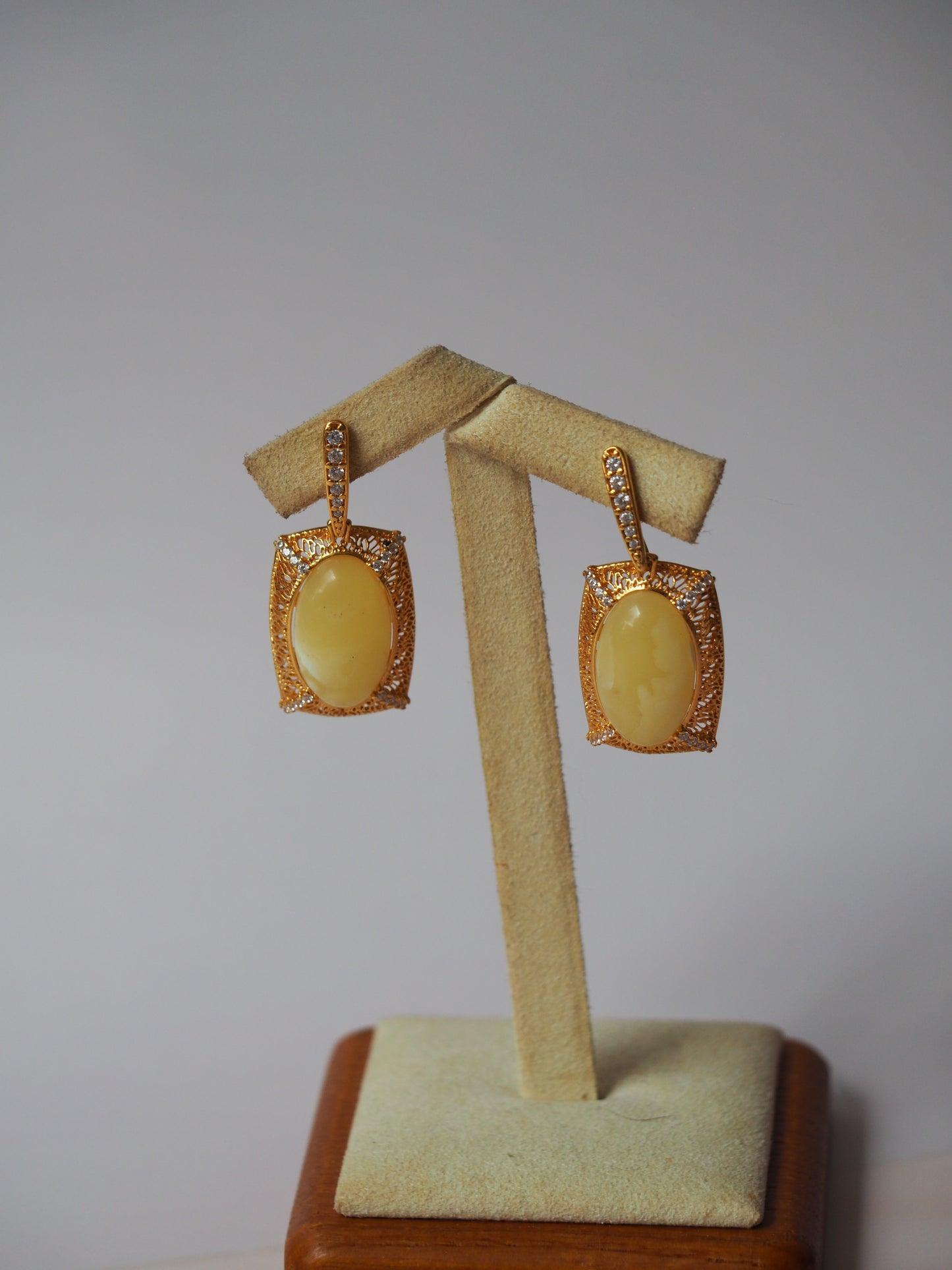 Rectangular Butterscotch Amber Drop Stud Earrings with Cubic Zirconias in Gold Plated Silver