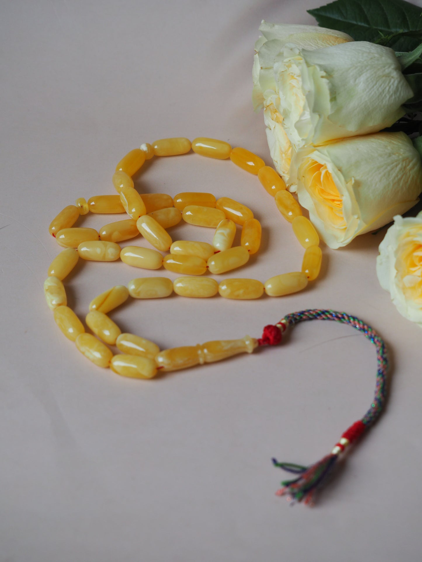 Unique Natural Butterscotch/ Milk Amber Rosary in Eclipse Shape + Certificate