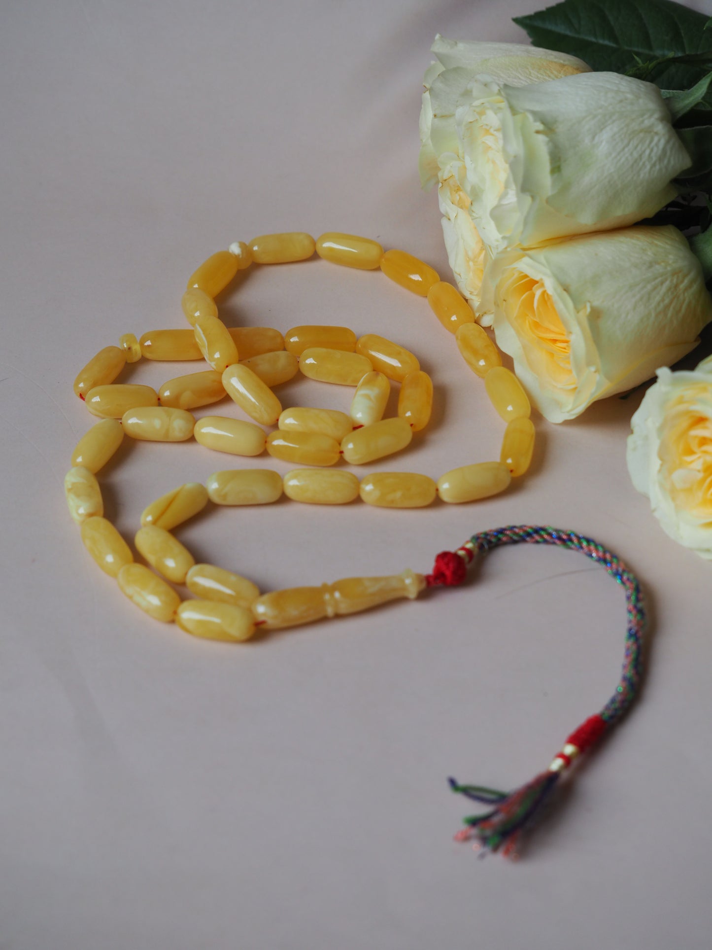 Unique Natural Butterscotch/ Milk Amber Rosary in Eclipse Shape + Certificate