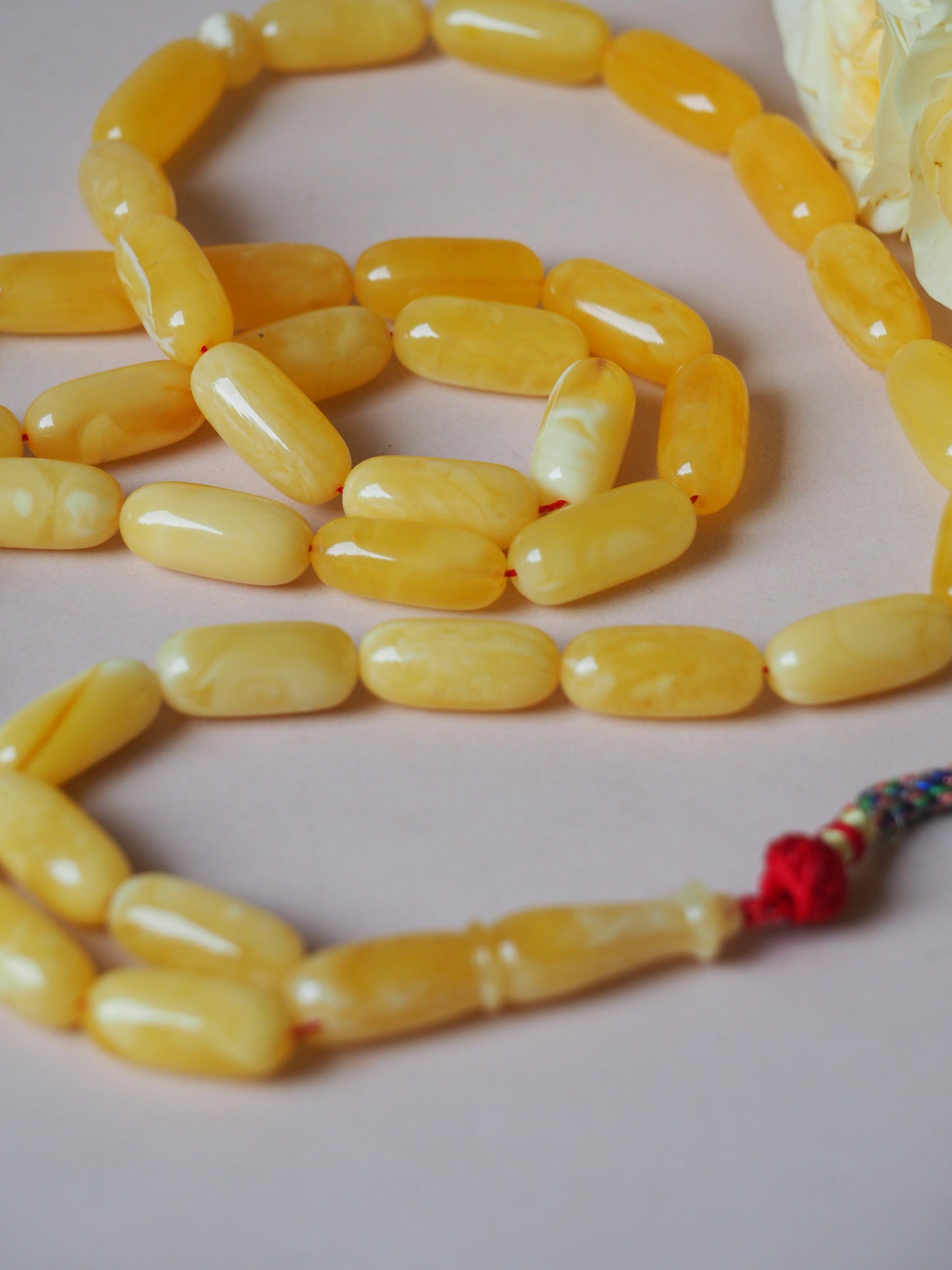 Unique Natural Butterscotch/ Milk Amber Rosary in Eclipse Shape + Certificate