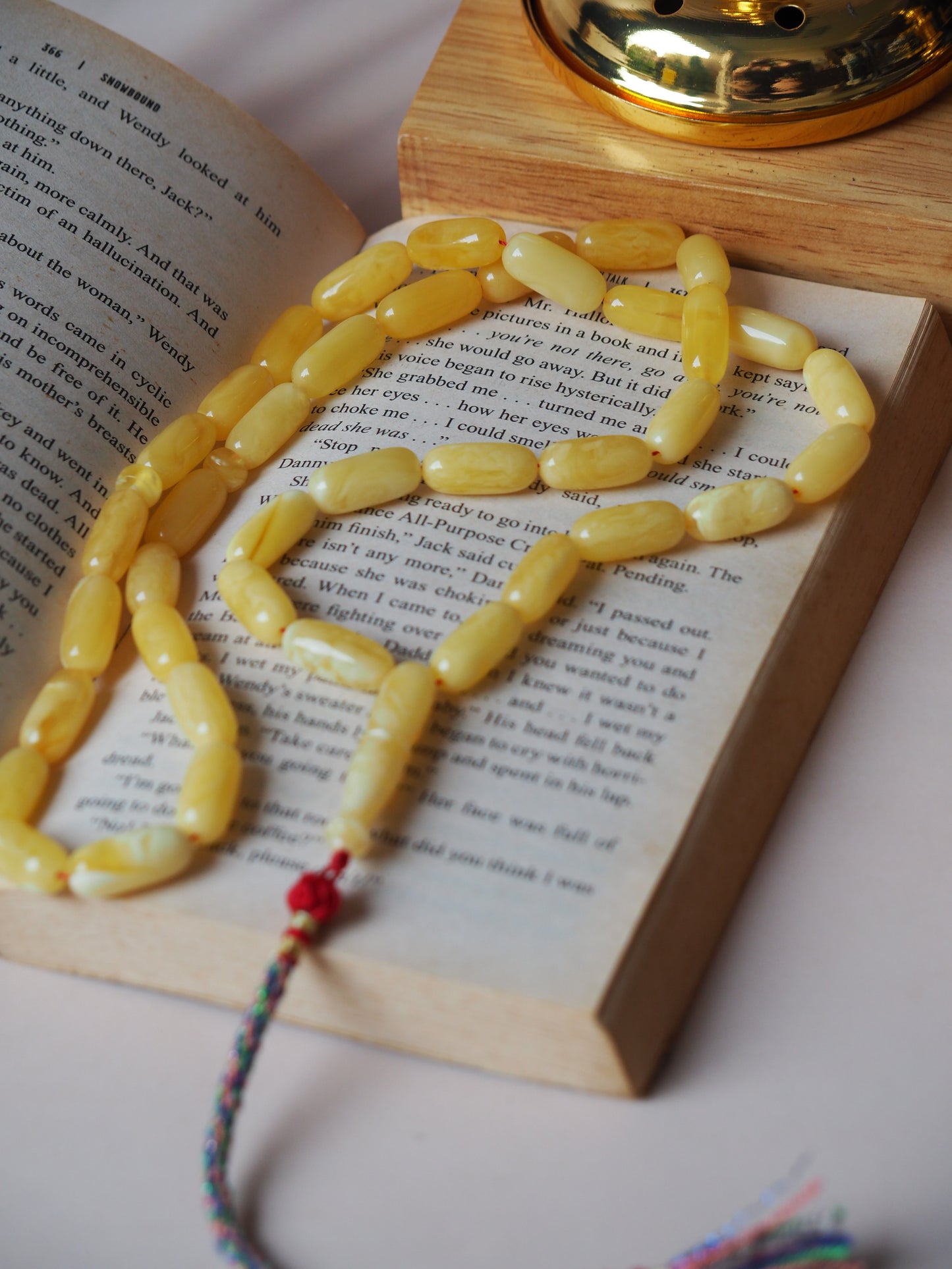 Unique Natural Butterscotch/ Milk Amber Rosary in Eclipse Shape + Certificate