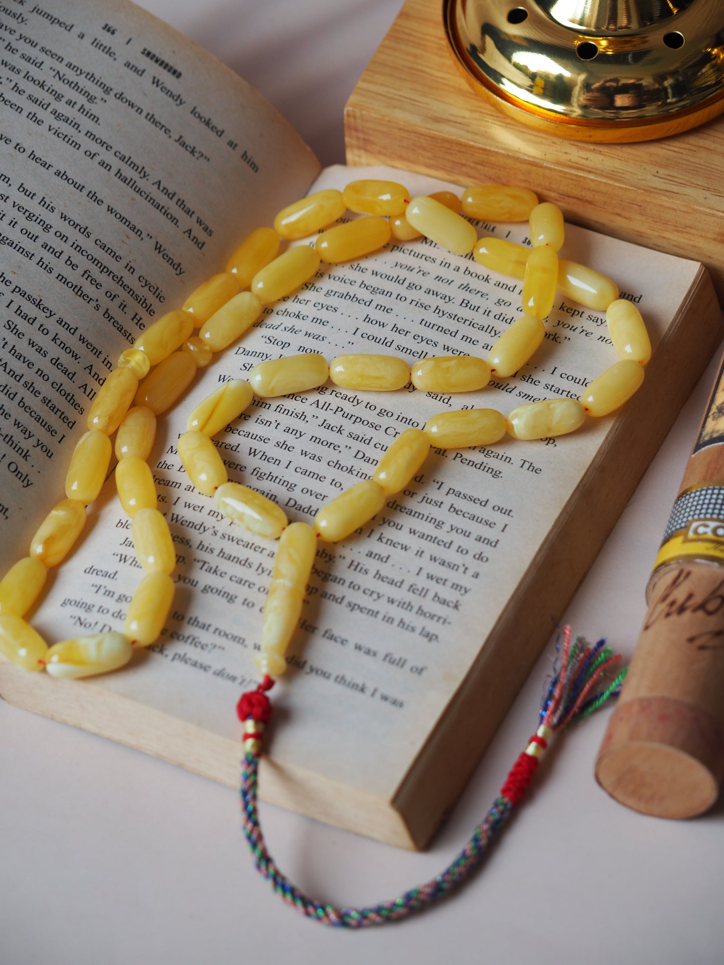 Unique Natural Butterscotch/ Milk Amber Rosary in Eclipse Shape + Certificate