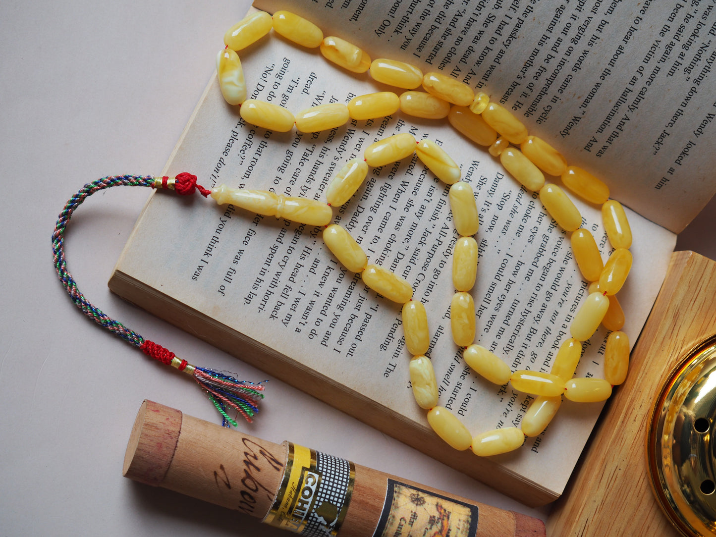 Unique Natural Butterscotch/ Milk Amber Rosary in Eclipse Shape + Certificate