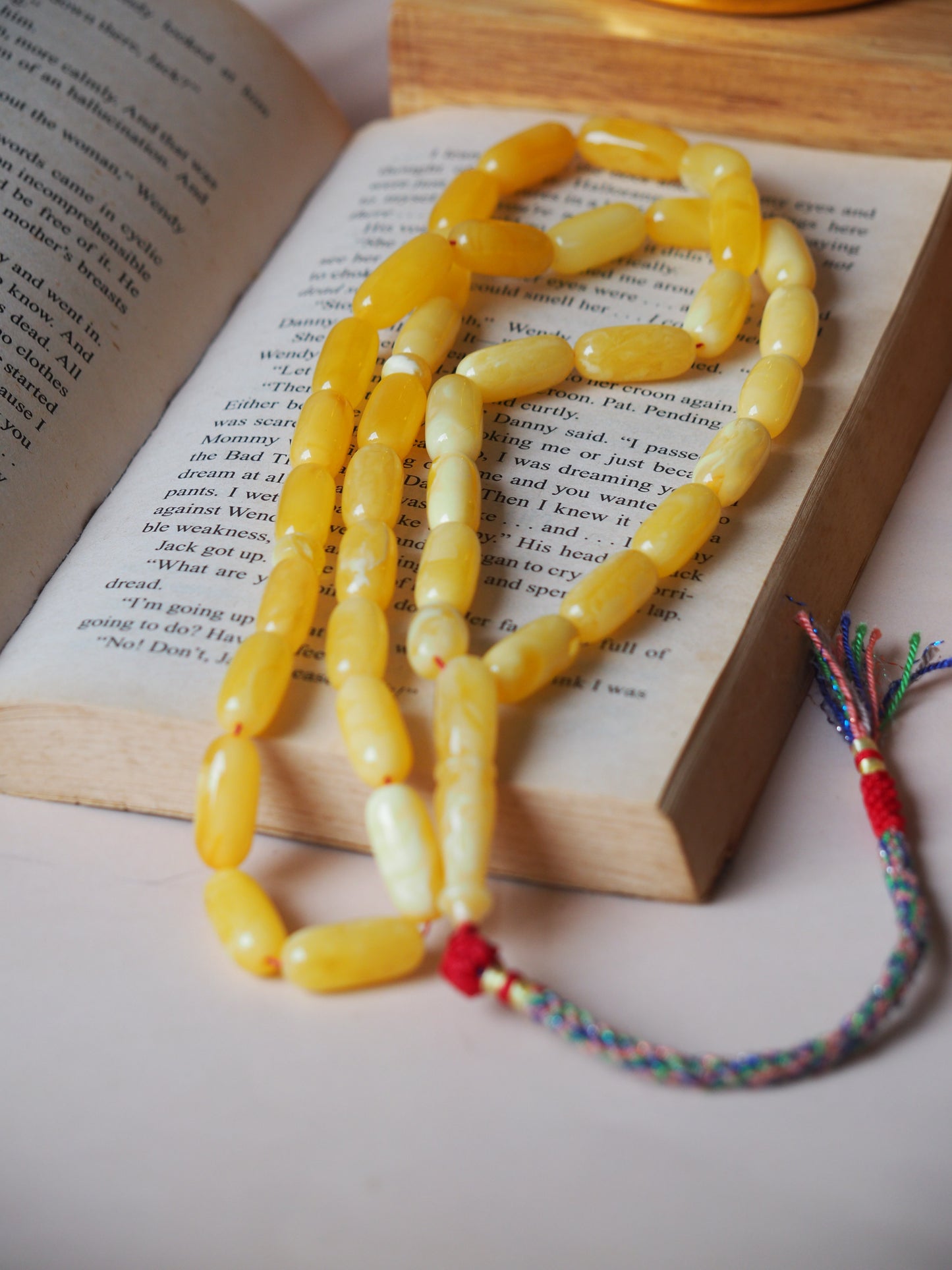 Unique Natural Butterscotch/ Milk Amber Rosary in Eclipse Shape + Certificate