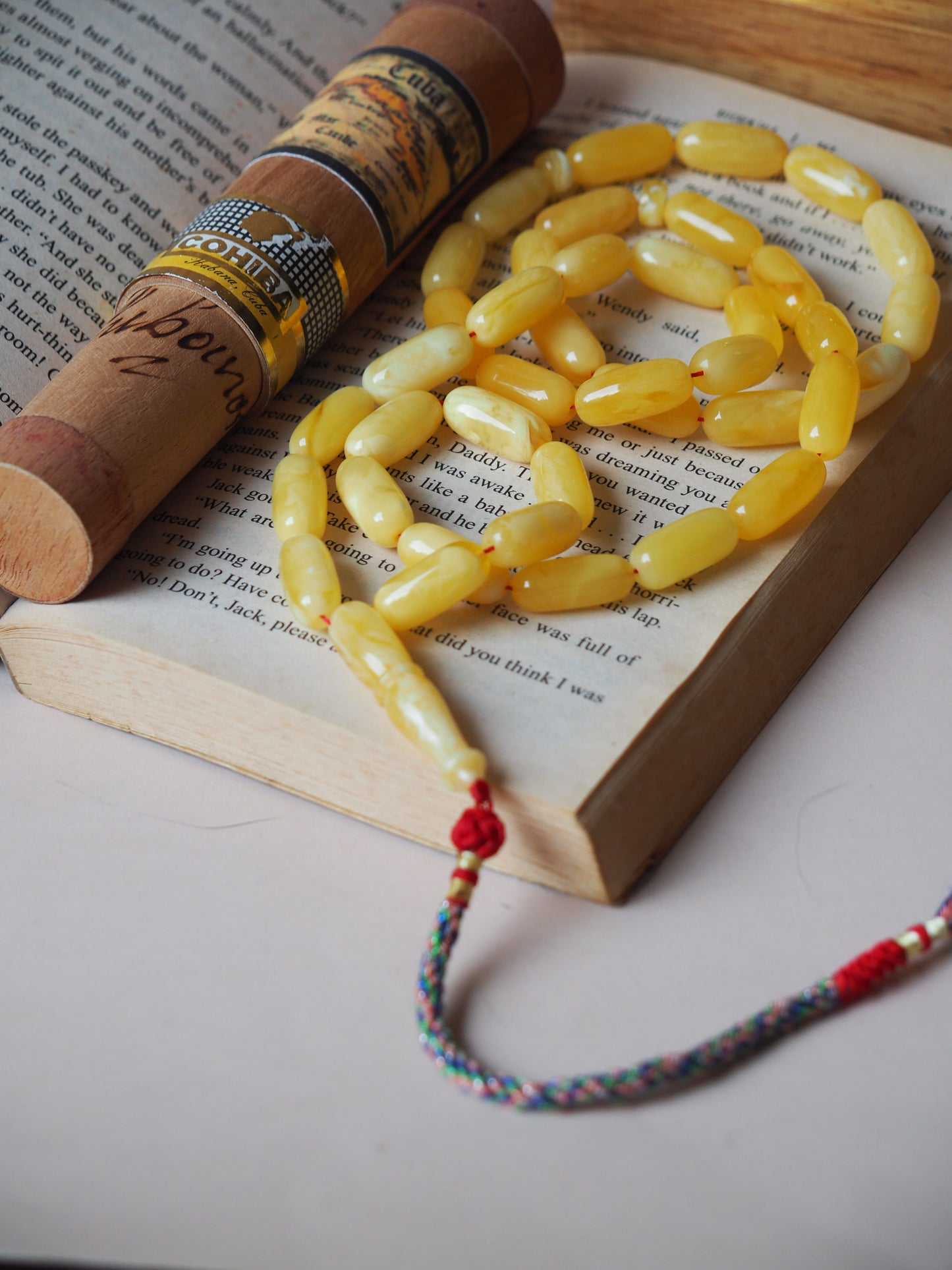 Unique Natural Butterscotch/ Milk Amber Rosary in Eclipse Shape + Certificate