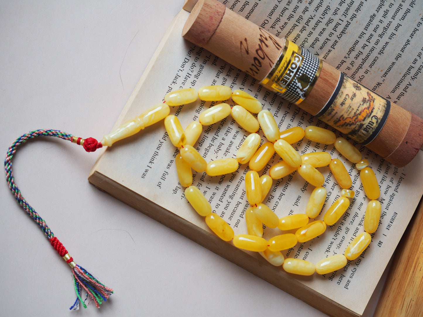 Unique Natural Butterscotch/ Milk Amber Rosary in Eclipse Shape + Certificate