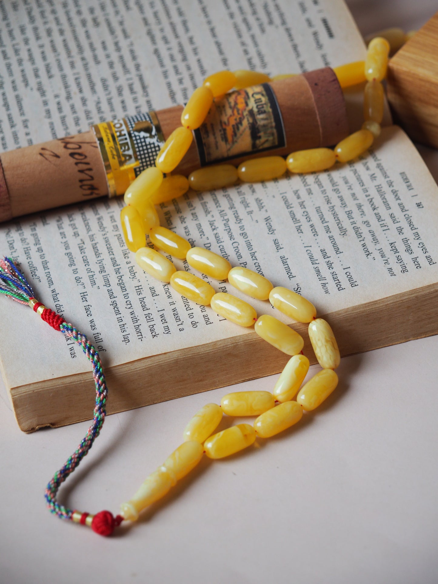 Unique Natural Butterscotch/ Milk Amber Rosary in Eclipse Shape + Certificate