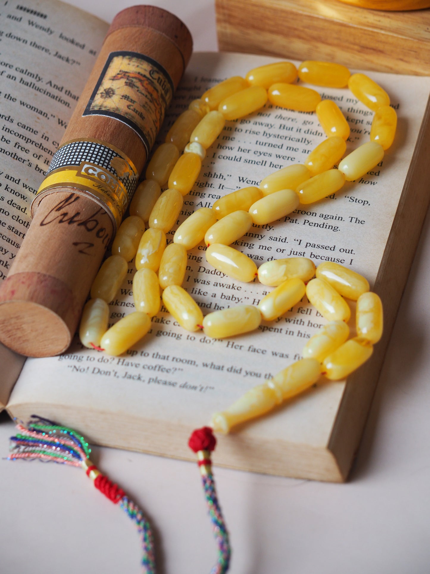 Unique Natural Butterscotch/ Milk Amber Rosary in Eclipse Shape + Certificate
