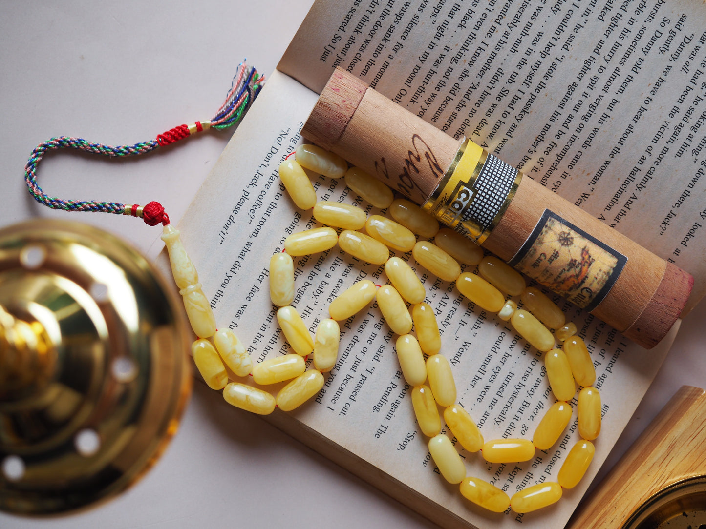 Unique Natural Butterscotch/ Milk Amber Rosary in Eclipse Shape + Certificate