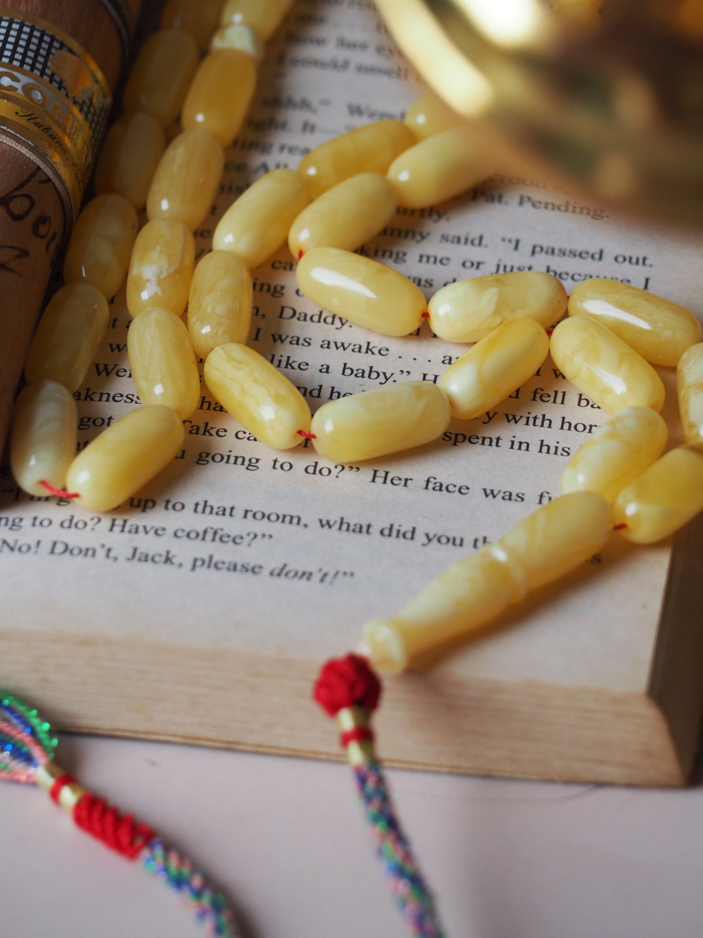 Unique Natural Butterscotch/ Milk Amber Rosary in Eclipse Shape + Certificate