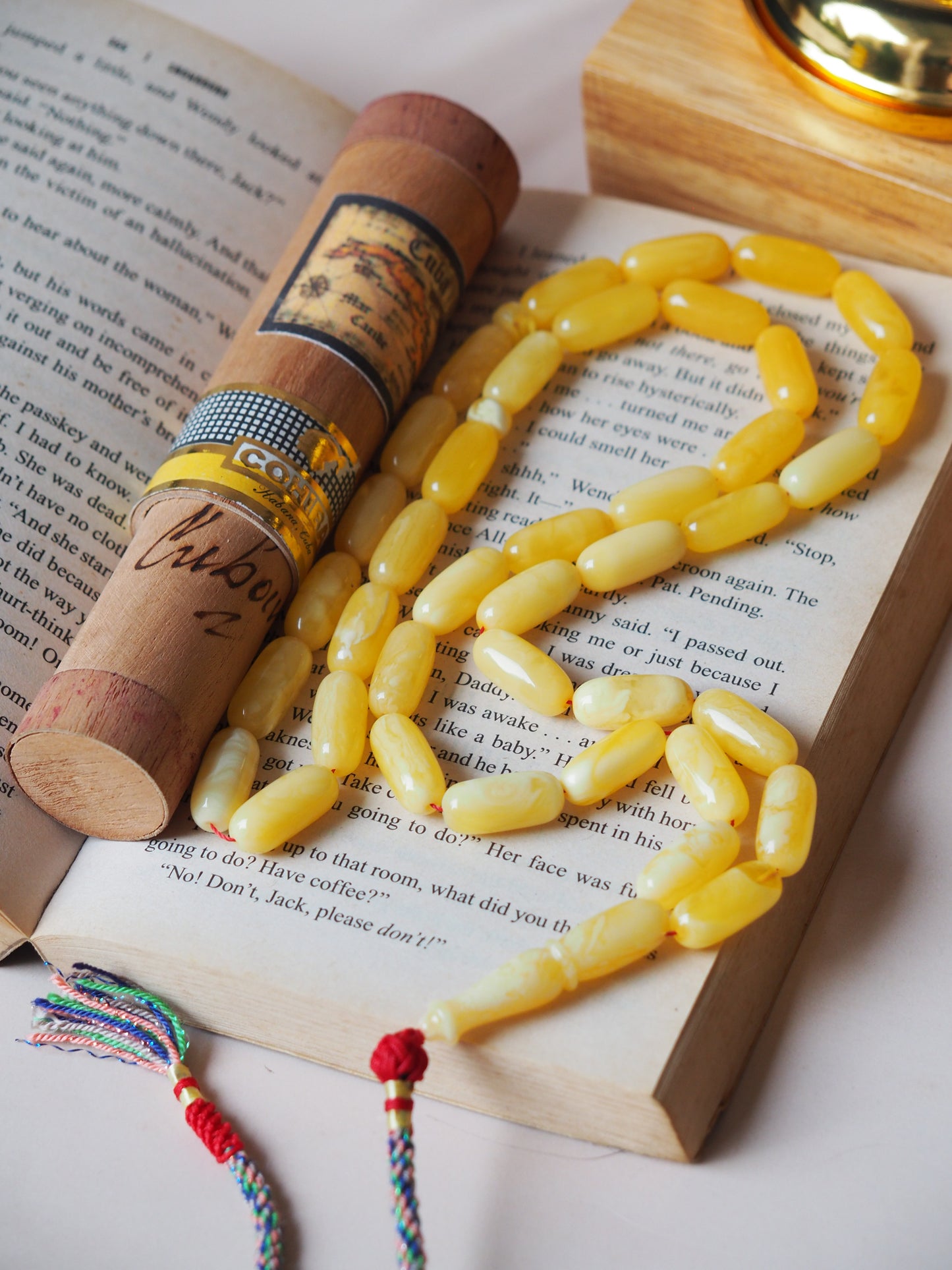 Unique Natural Butterscotch/ Milk Amber Rosary in Eclipse Shape + Certificate