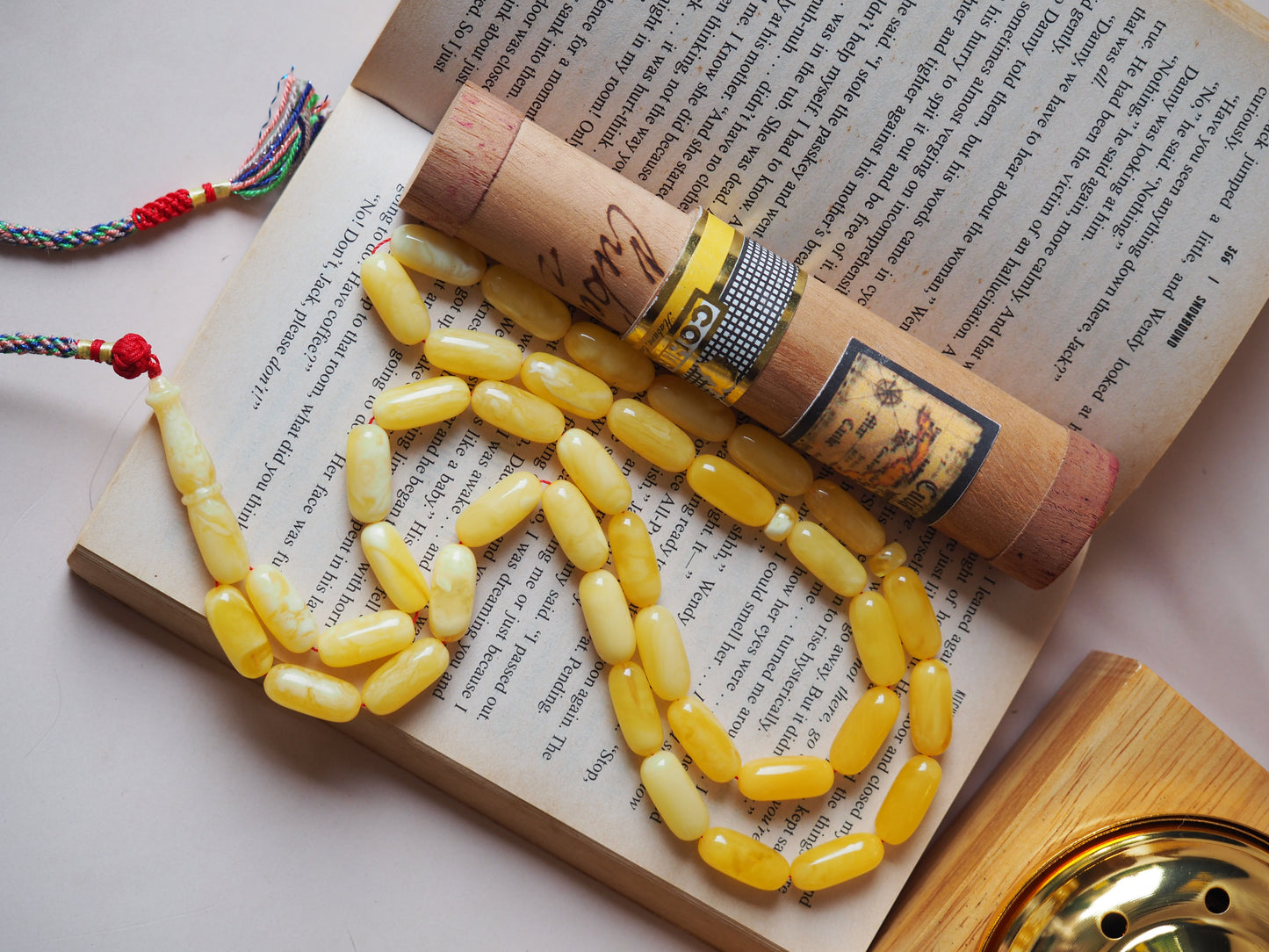 Unique Natural Butterscotch/ Milk Amber Rosary in Eclipse Shape + Certificate