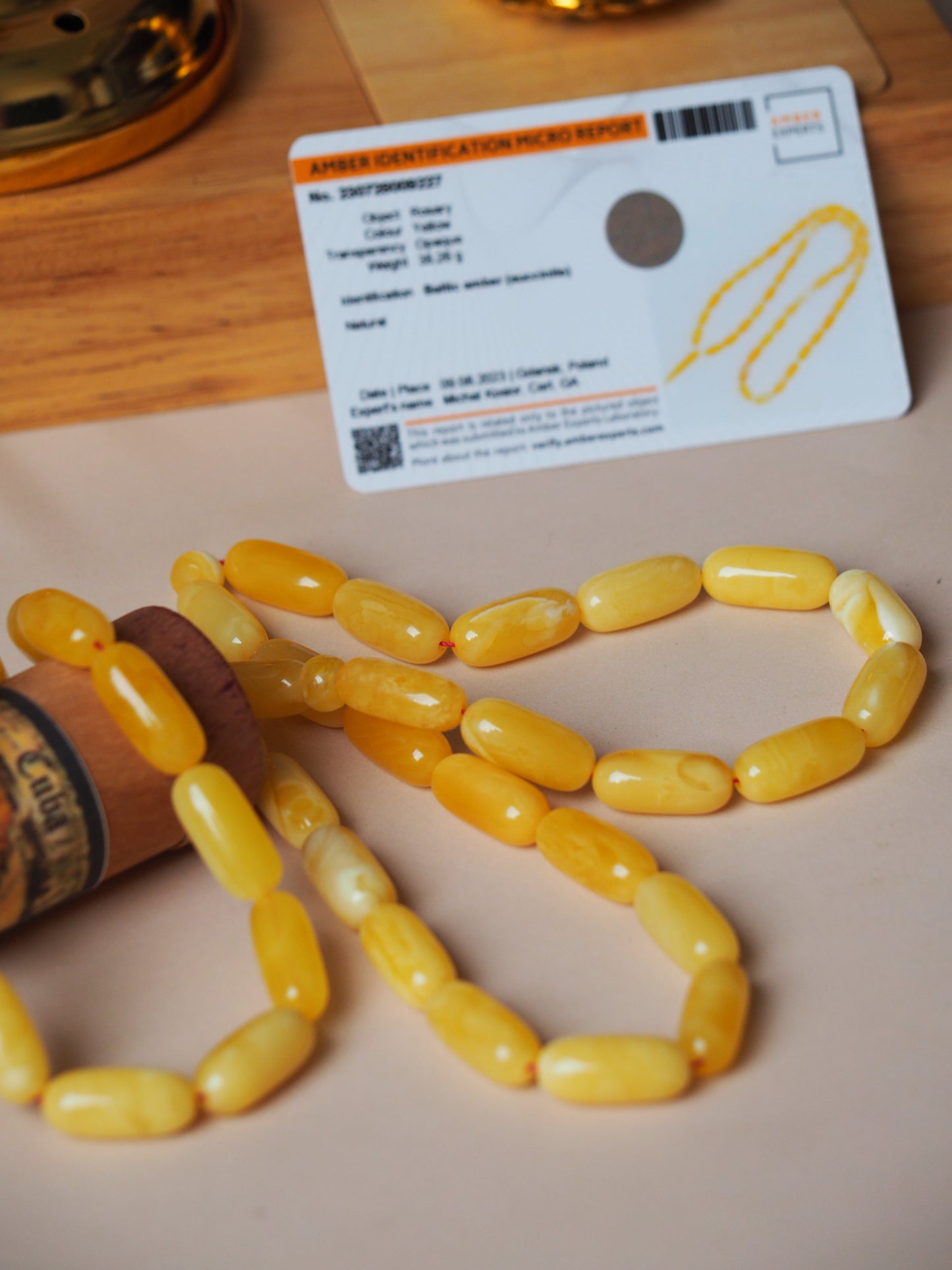 Unique Natural Butterscotch/ Milk Amber Rosary in Eclipse Shape + Certificate